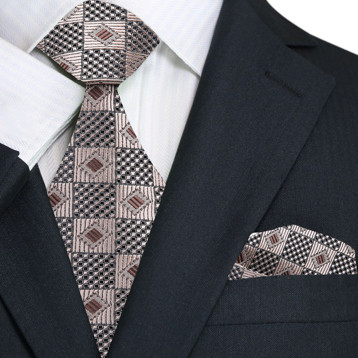 Main A Warm Brown, Gold Geometric Pattern Necktie, Matching Pocket Square