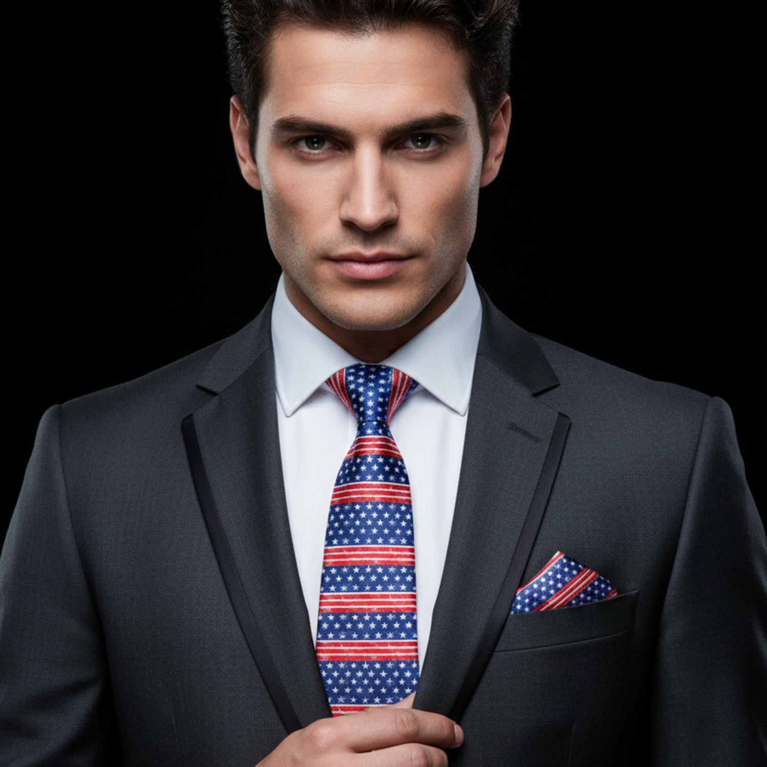 Blue and Red White Stripes and Stars Tie and Square on Man