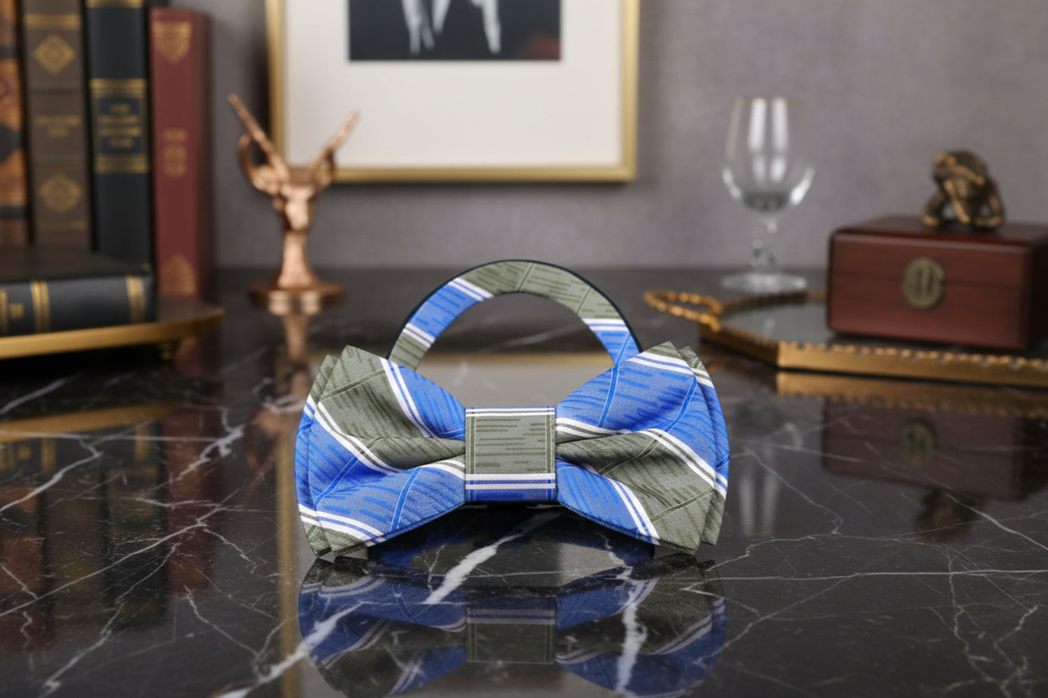 Olive Blue White Stripe Bow Tie