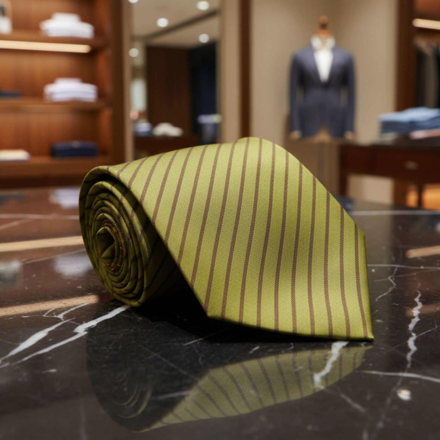 Green striped tie on a white background