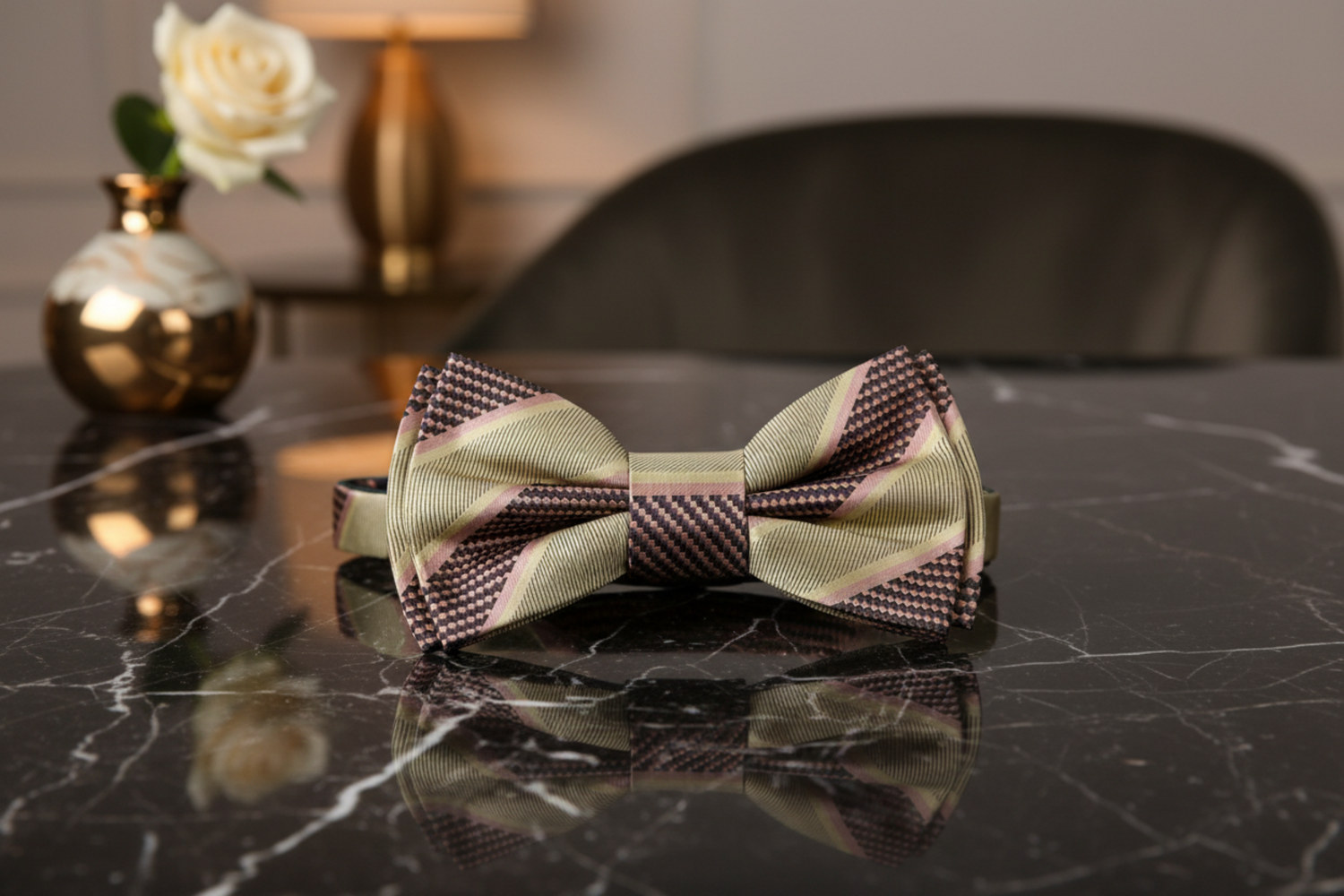 Olive Gold, Brown Stripe Bow Tie Pre Tied