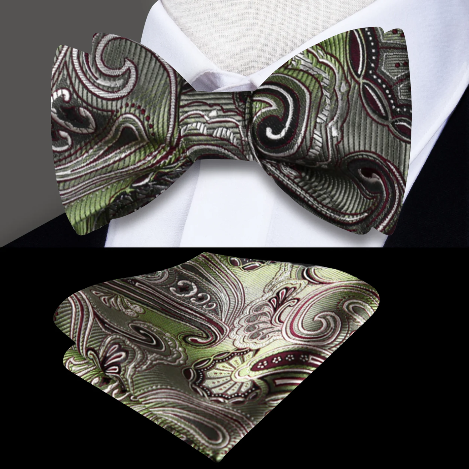 A Green, Burgundy Paisley Pattern Bow Tie, Matching Silk Pocket Square