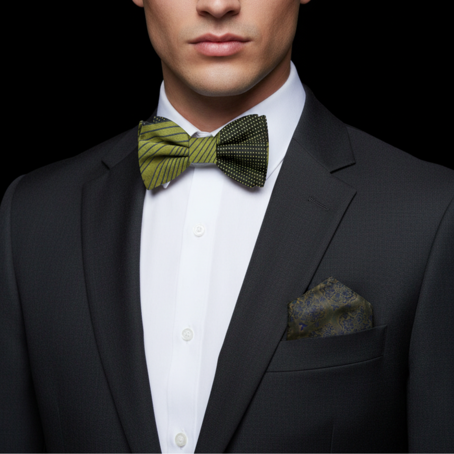 Man wearing a black suit with a green bow tie and pocket square on a black background