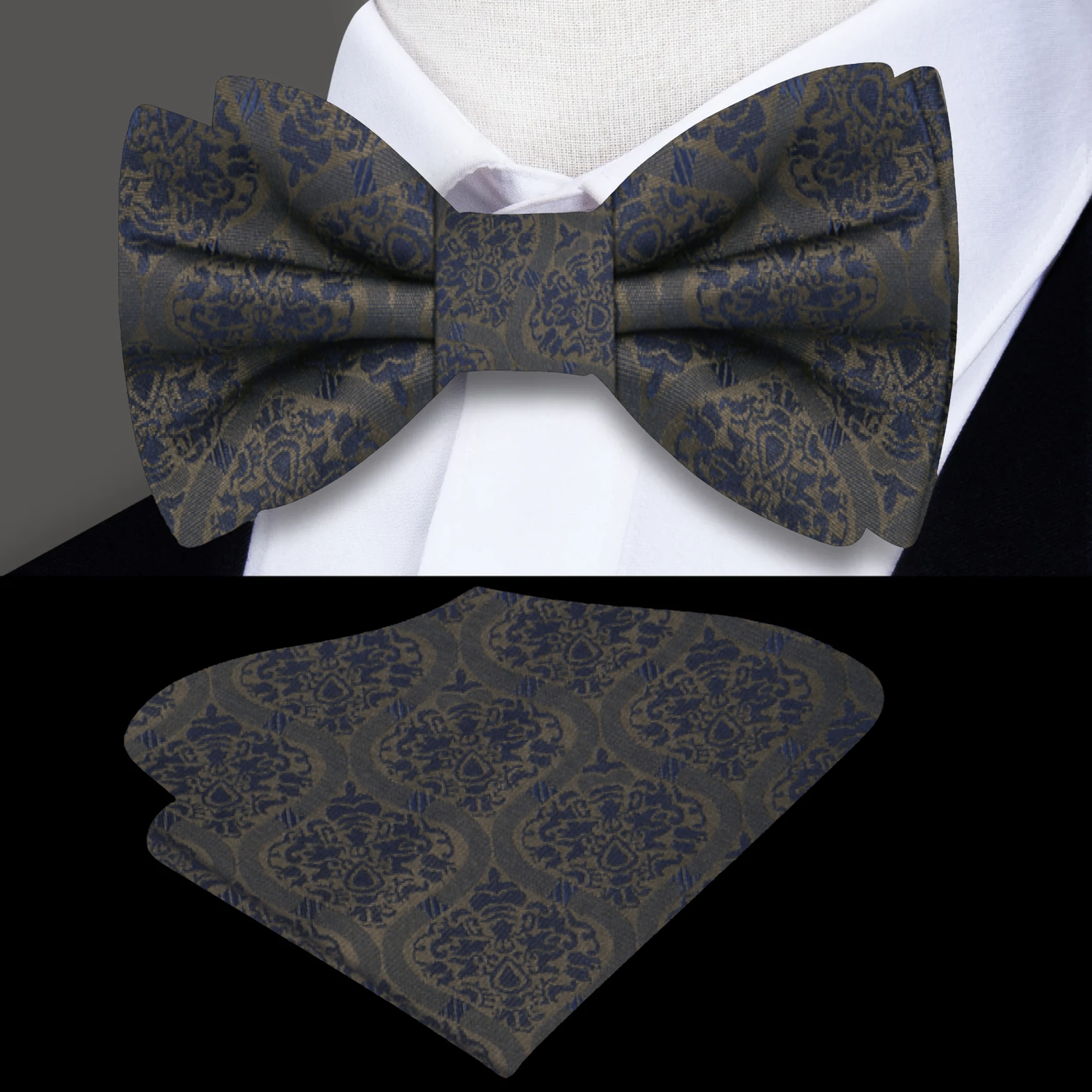 Deep Olive Green, Dark Blue Abstract Silk Bow Tie And Pocket Square||Olive