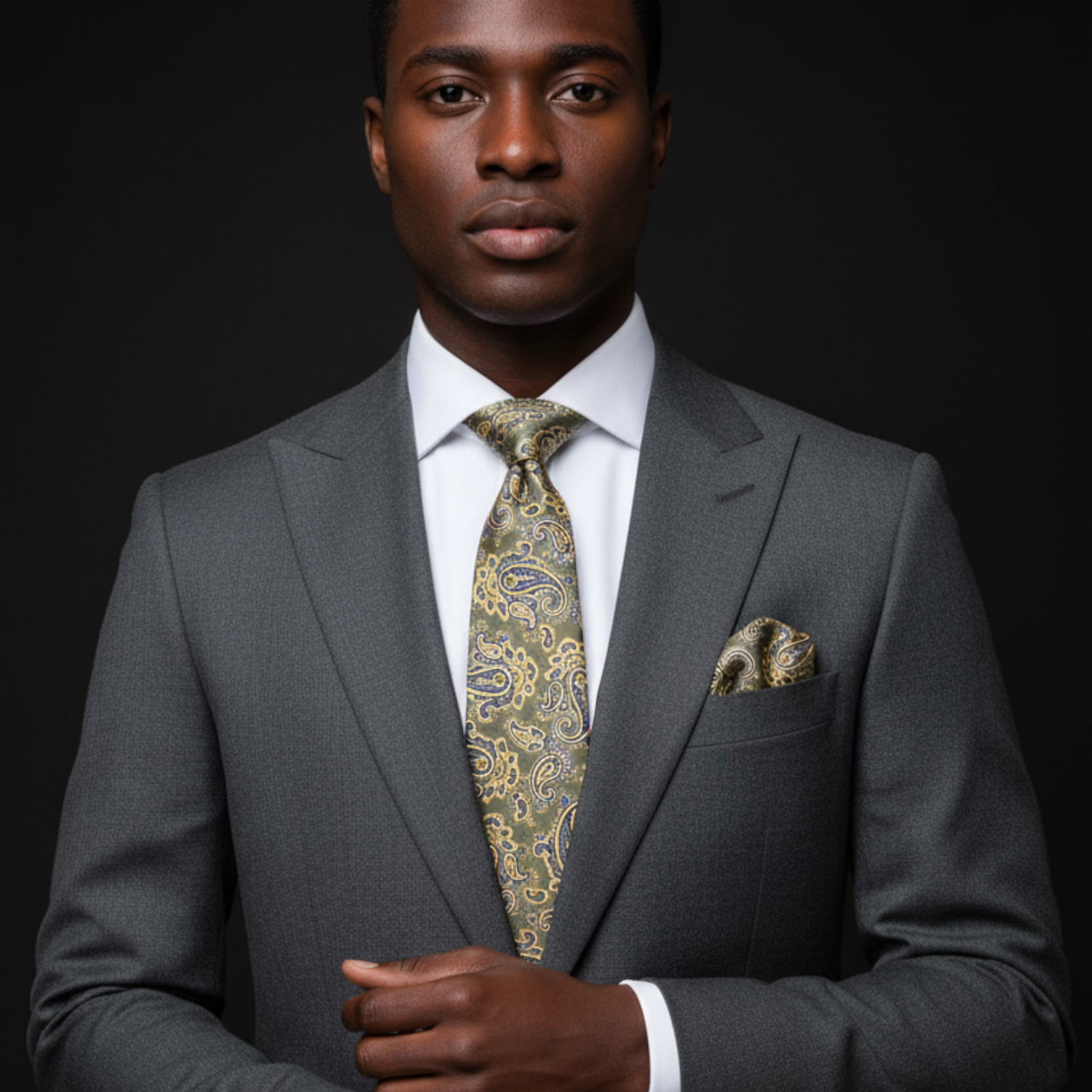 Man wearing a gray suit with a patterned tie against a black background