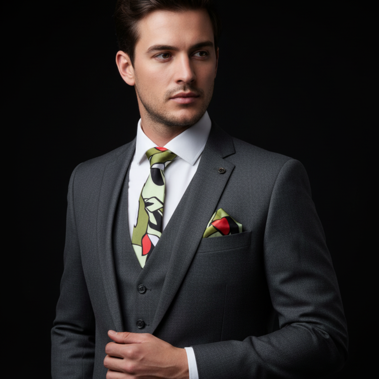 Yellow, Olive, Red Abstract Tie and Square