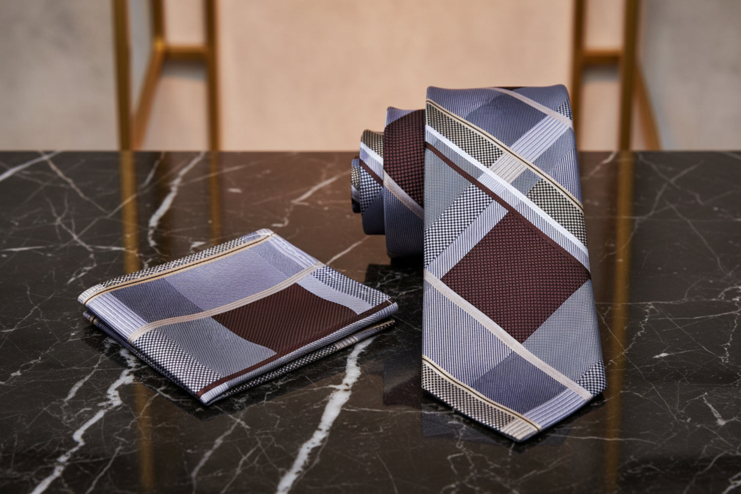 Alt View: Grey, Mahogany Plaid Necktie and Square