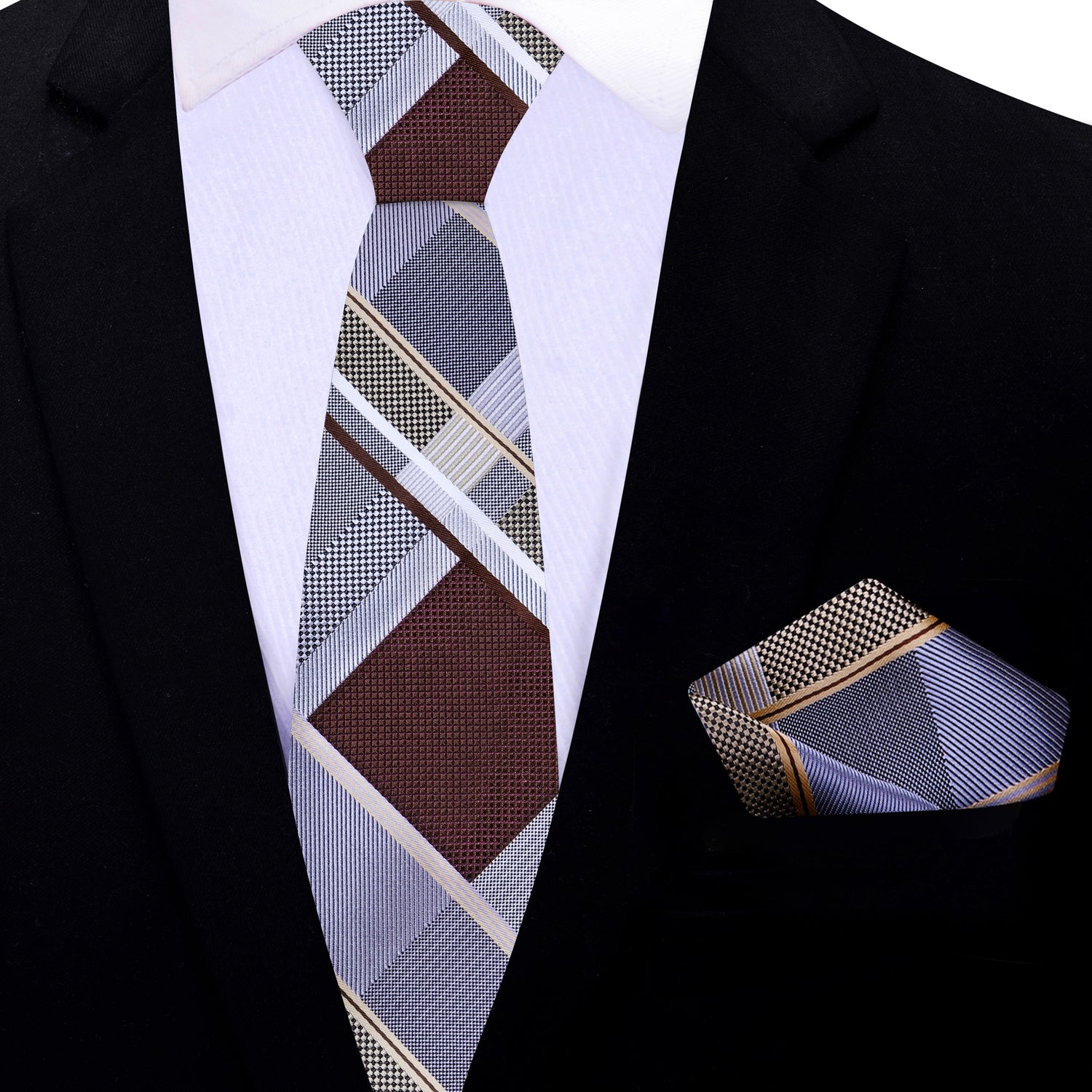 Thin Tie: Grey, Mahogany Plaid Necktie and Square