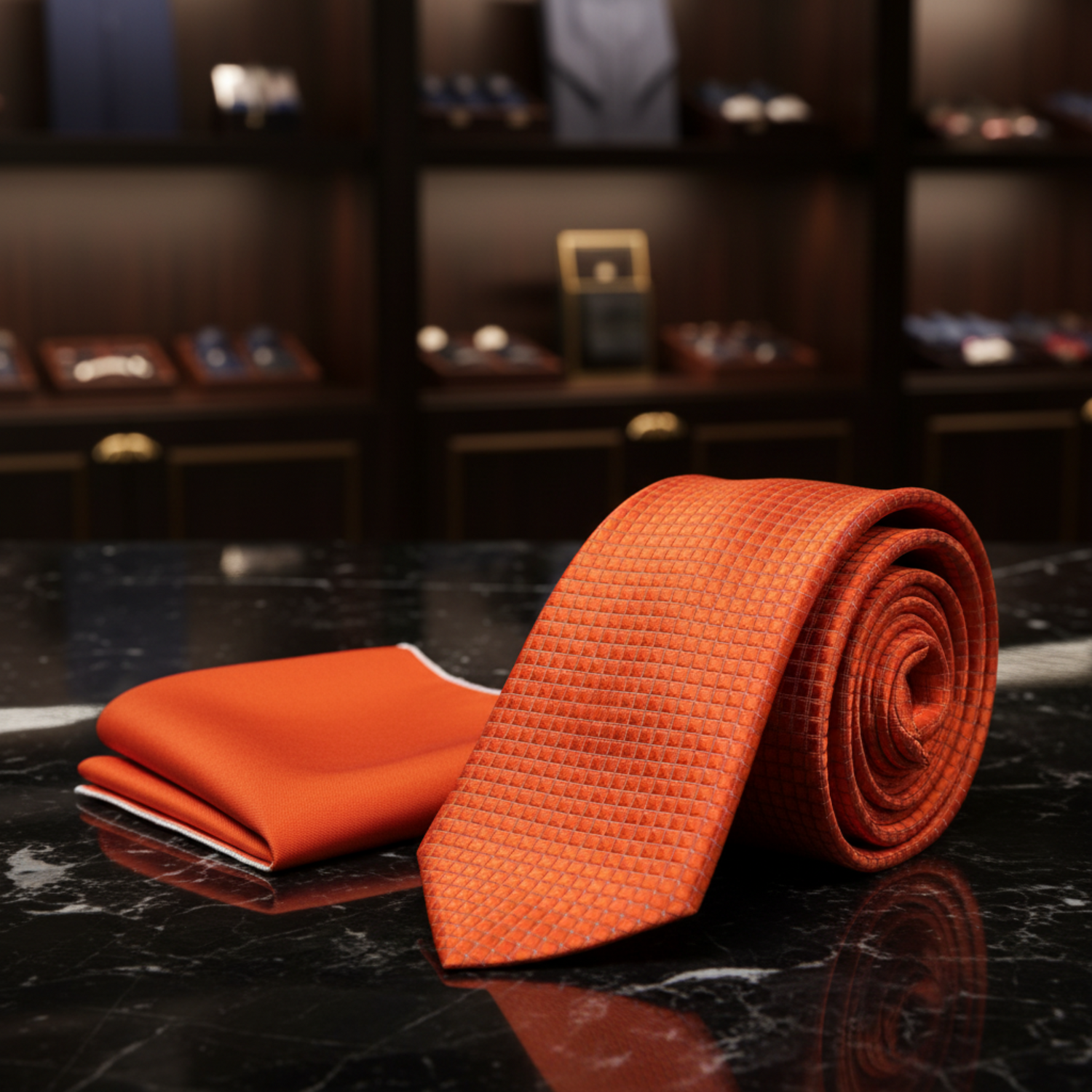An orange necktie and matching orange pocket square set on a plain white background.