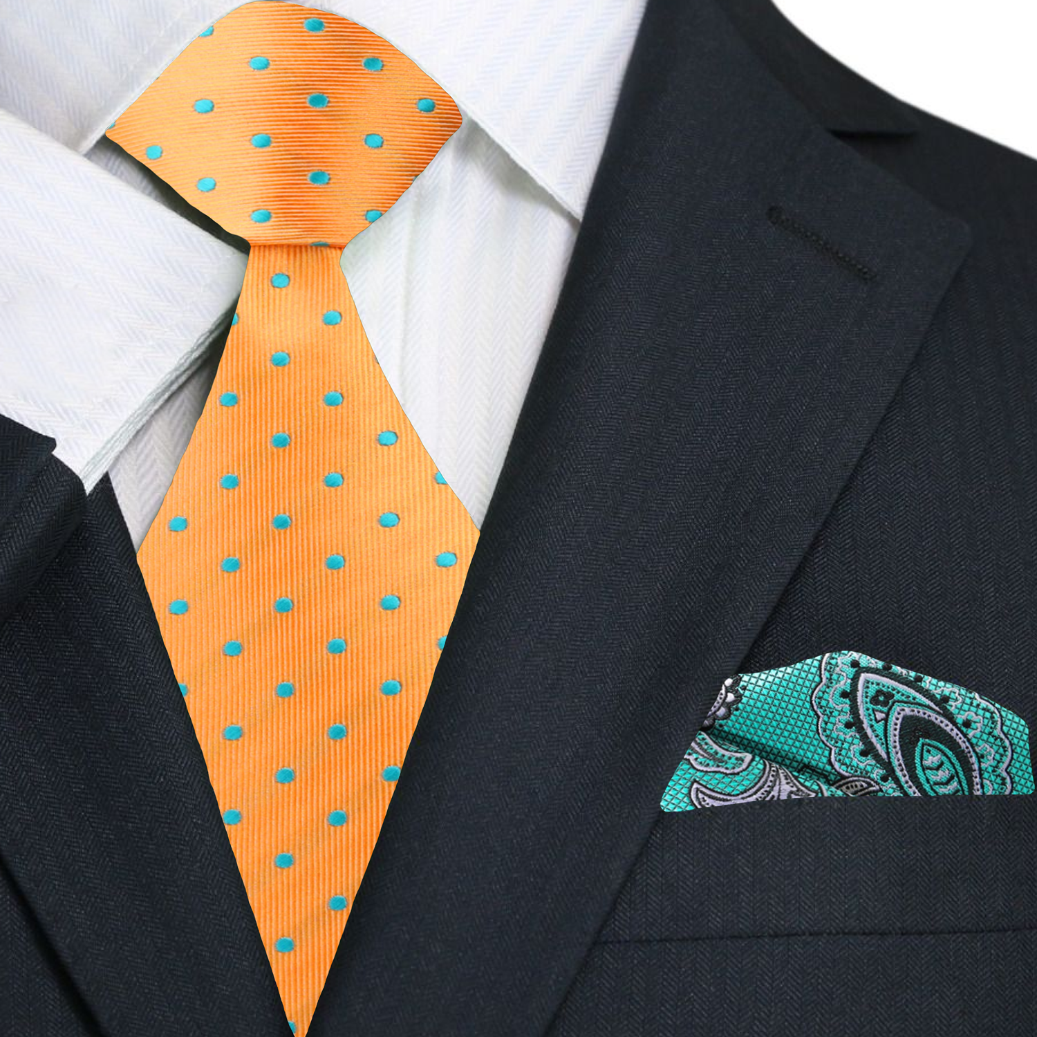 View 2: Orange with Aqua Dots Necktie and Aqua Blue Paisley Pocket Square