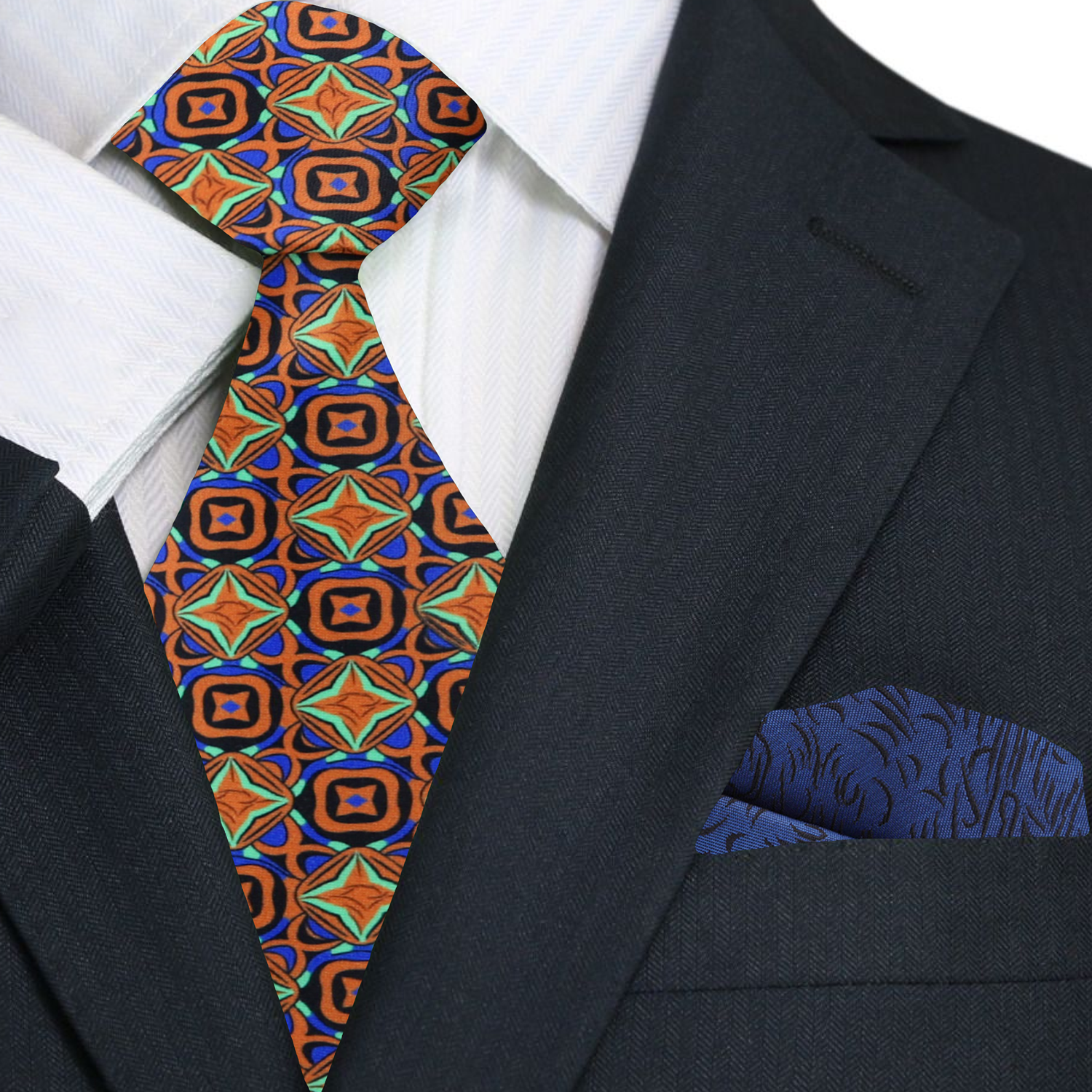 Orange, Lime, Blue, Black Geometric Necktie and Square