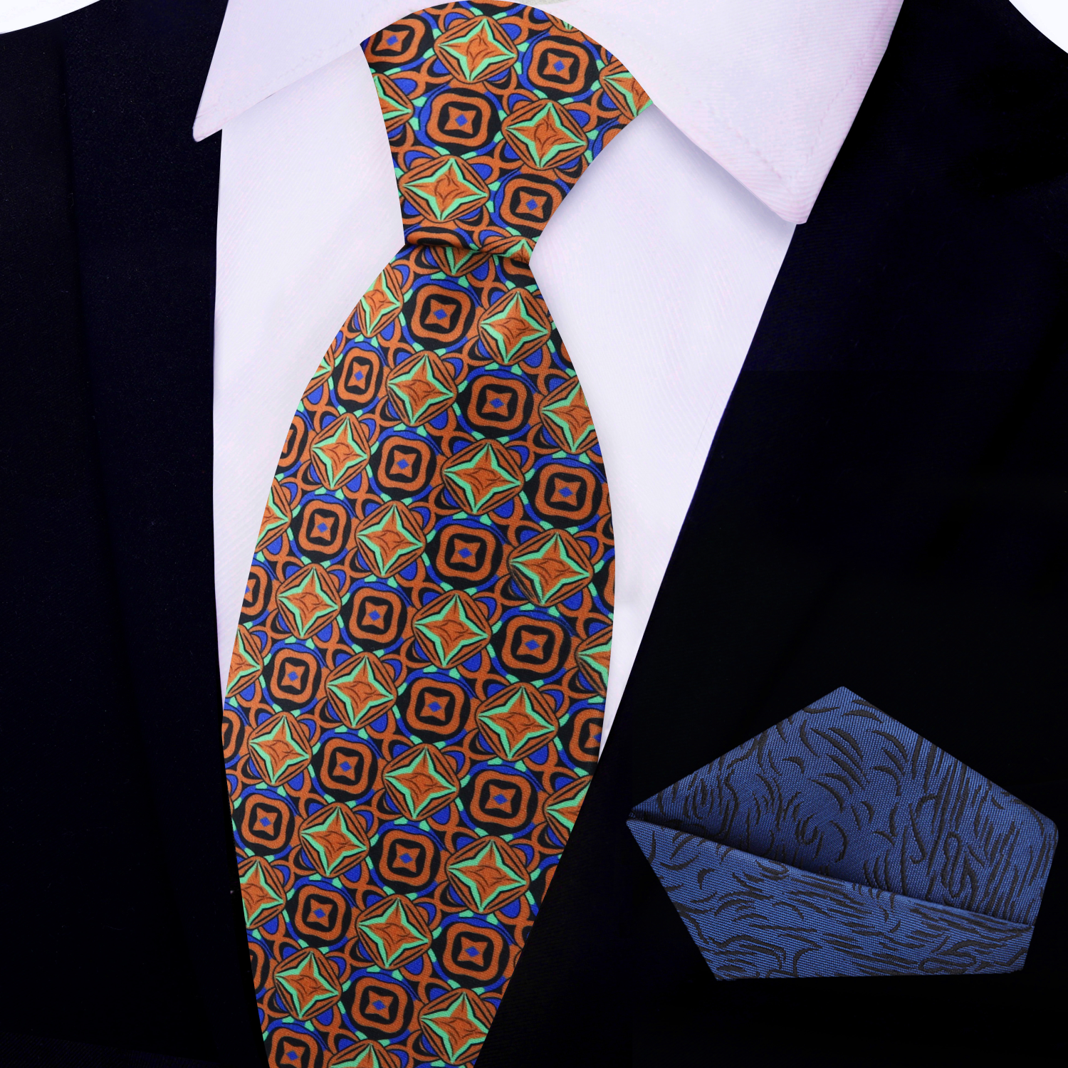 View 2 Orange, Lime, Blue, Black Geometric Necktie and Square