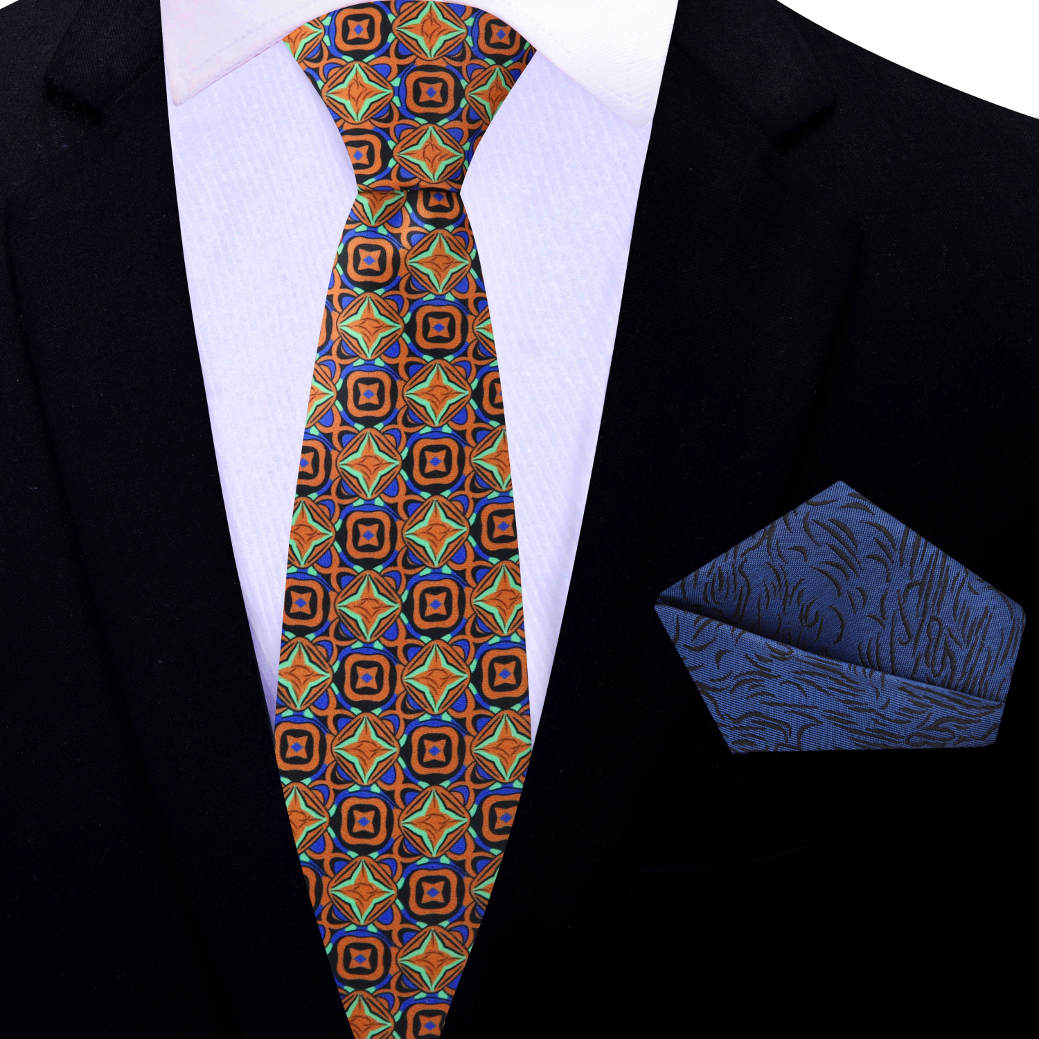Thin Orange, Lime, Blue, Black Geometric Necktie and Square