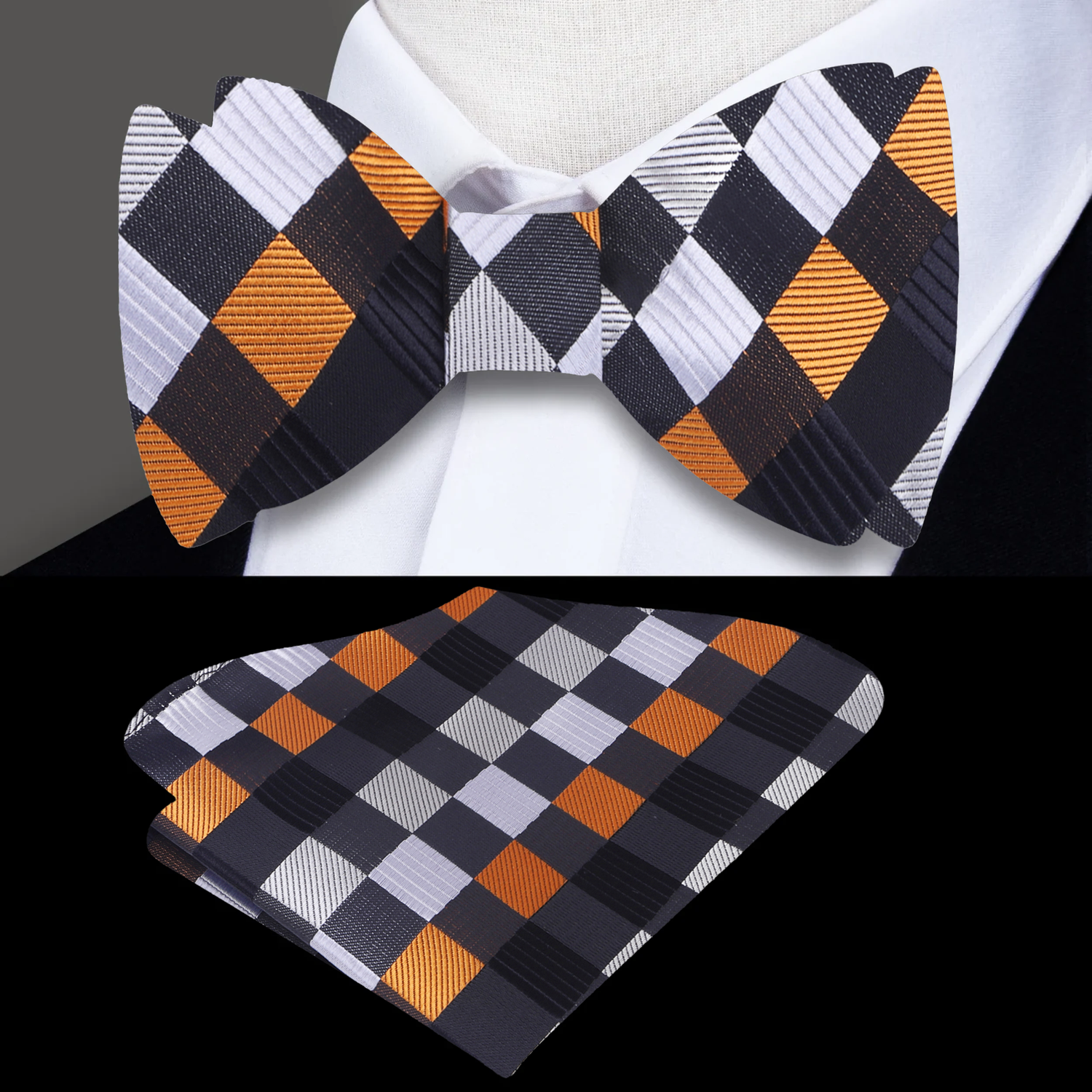 A Orange, Cream, Brown Geometric Diamond Pattern Silk Self Tie Bow tie, Matching Pocket Square