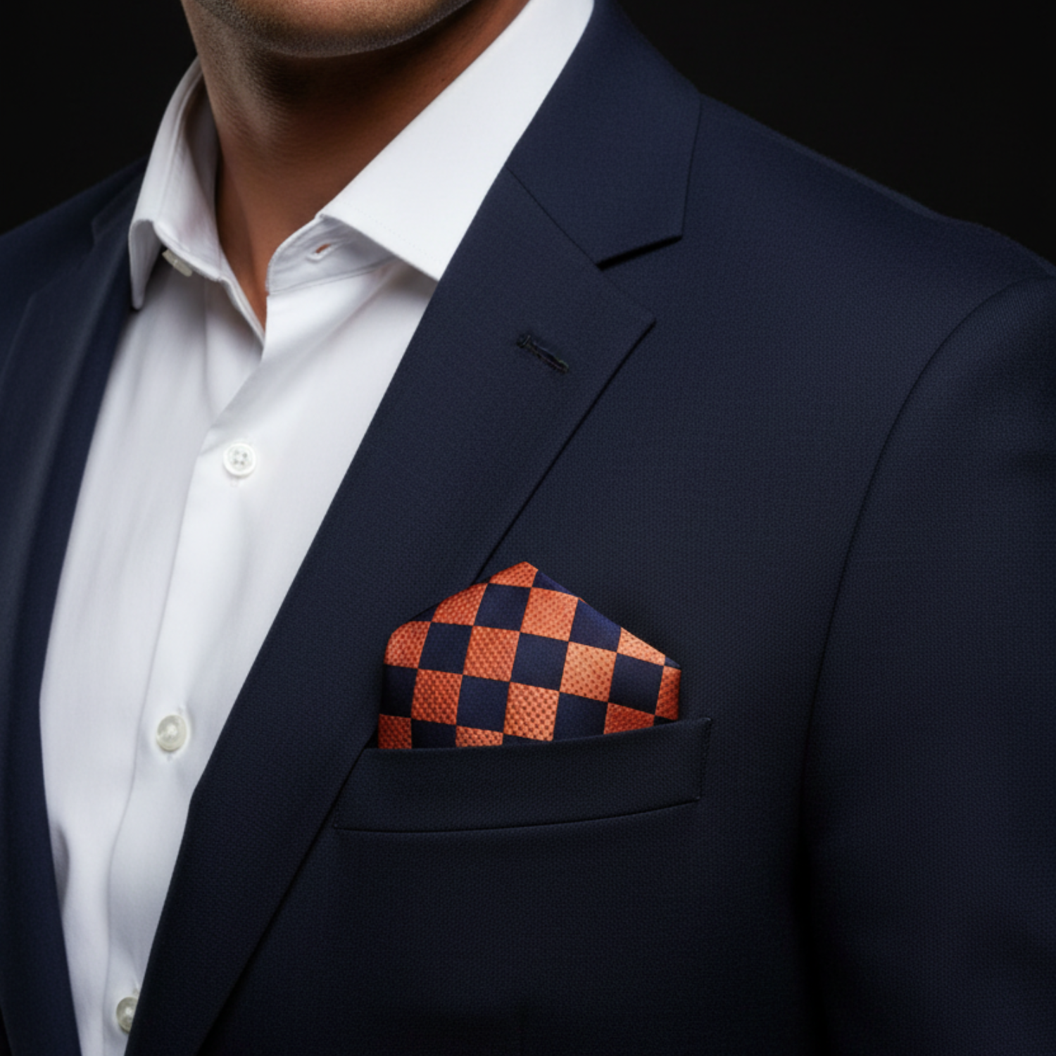 Navy blazer with a orange and black checkered pocket square on a black background