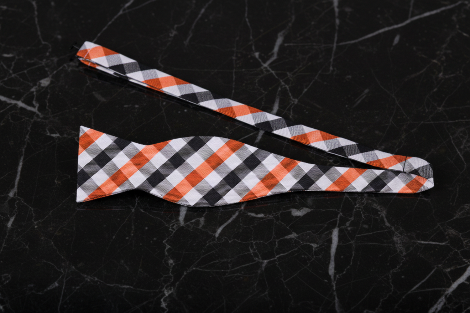 A Orange, Black, White Geometric Diamond Pattern Self Tie Bow Tie Self Tie