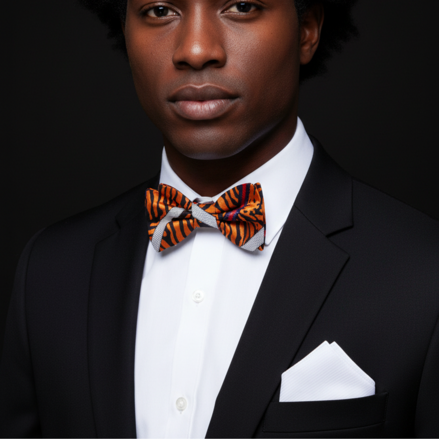 Man wearing a black suit with a white shirt and orange tiger-striped bow tie on a dark background