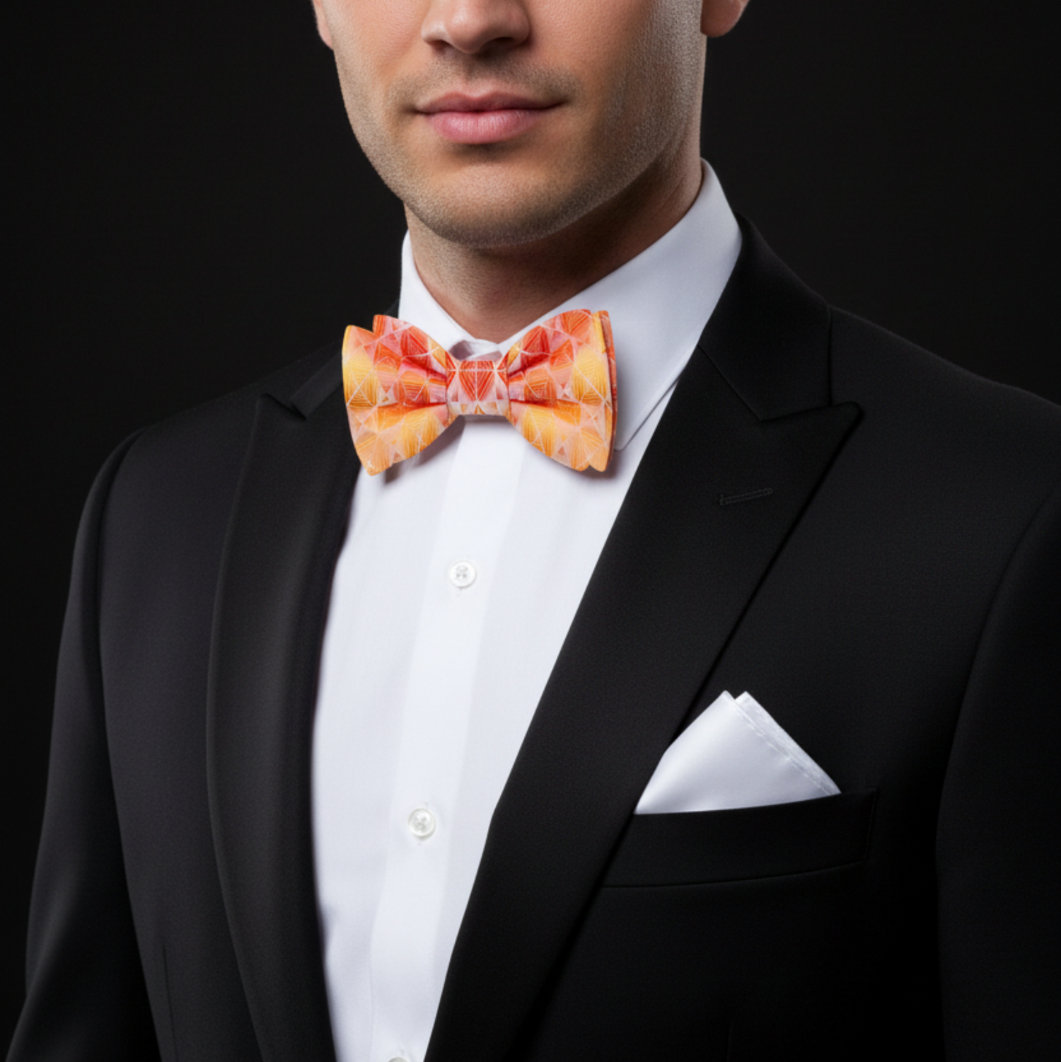 Man wearing a black tuxedo with a white shirt and orange bow tie on a black background