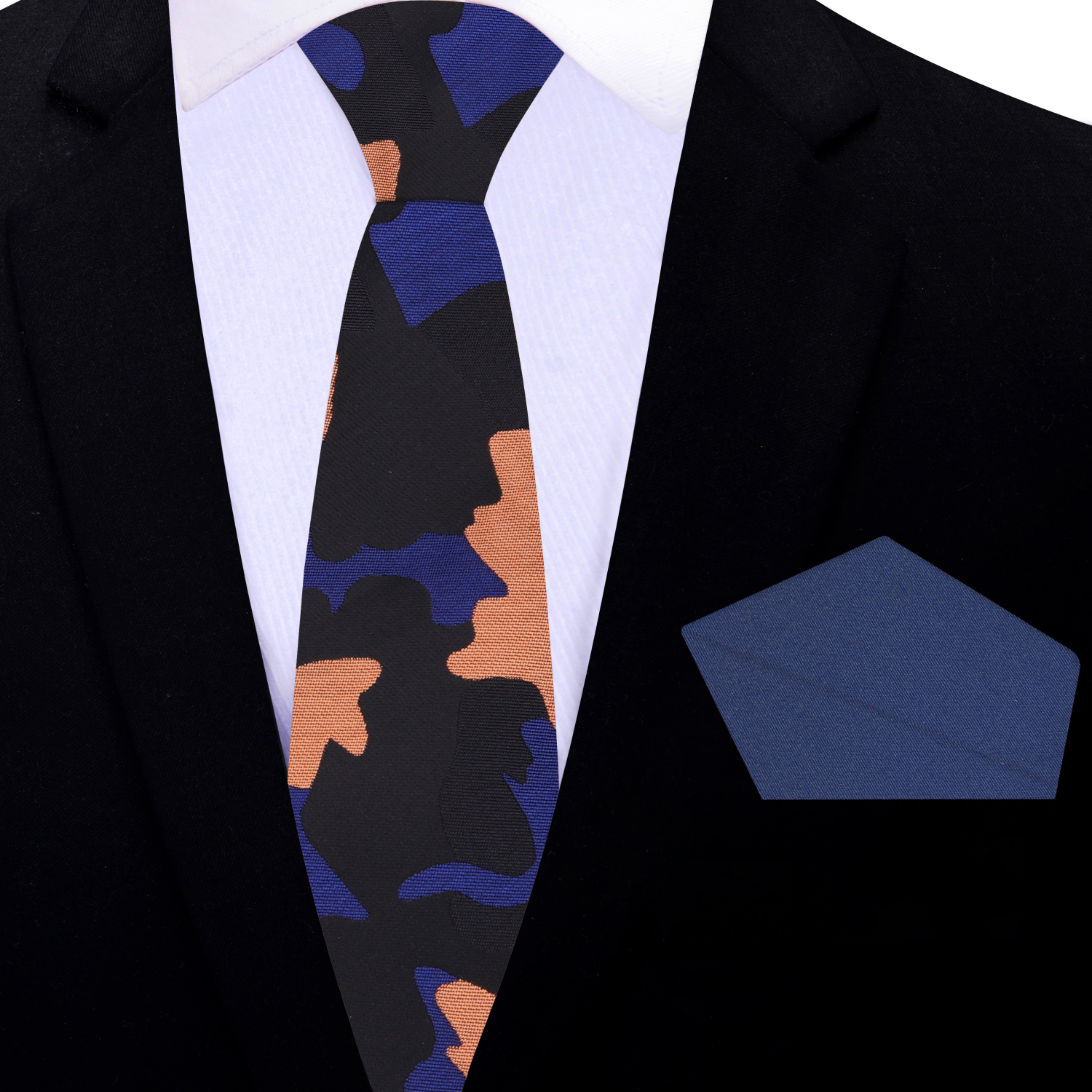 Thin Orange, Black, Blue Camouflage necktie and Blue Square