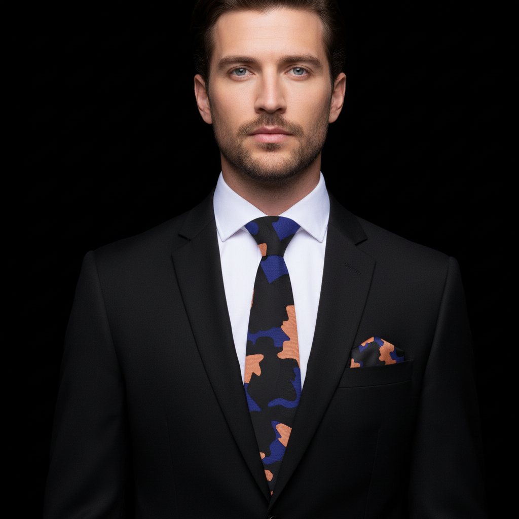 Black, Orange and Blue Camo Thin Tie and Square on Man 