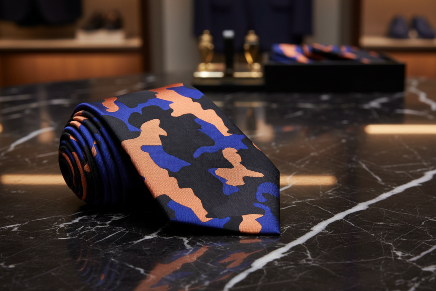 Orange, Black, Blue Camouflage necktie