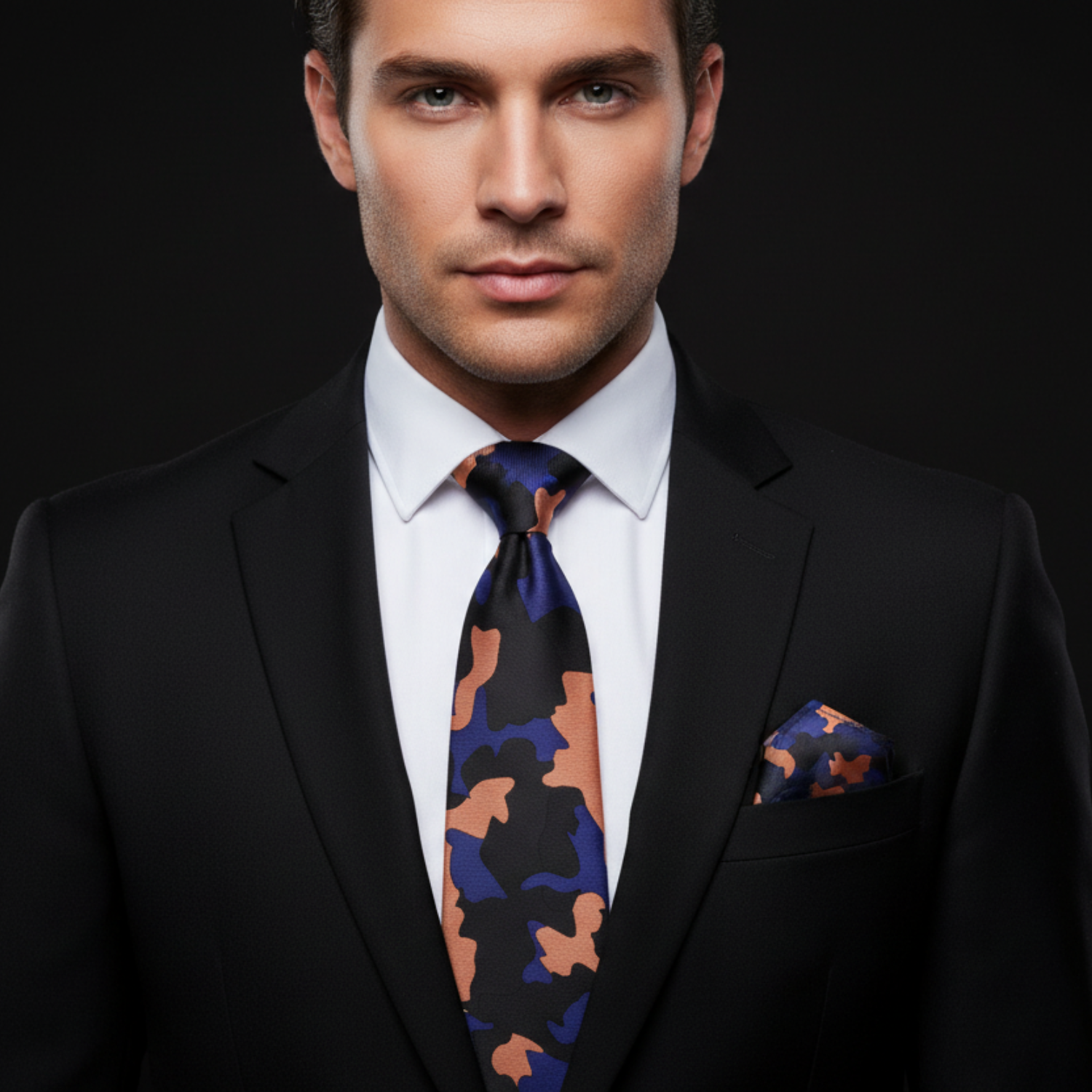 Man wearing a black suit with a patterned tie and pocket square on a dark background
