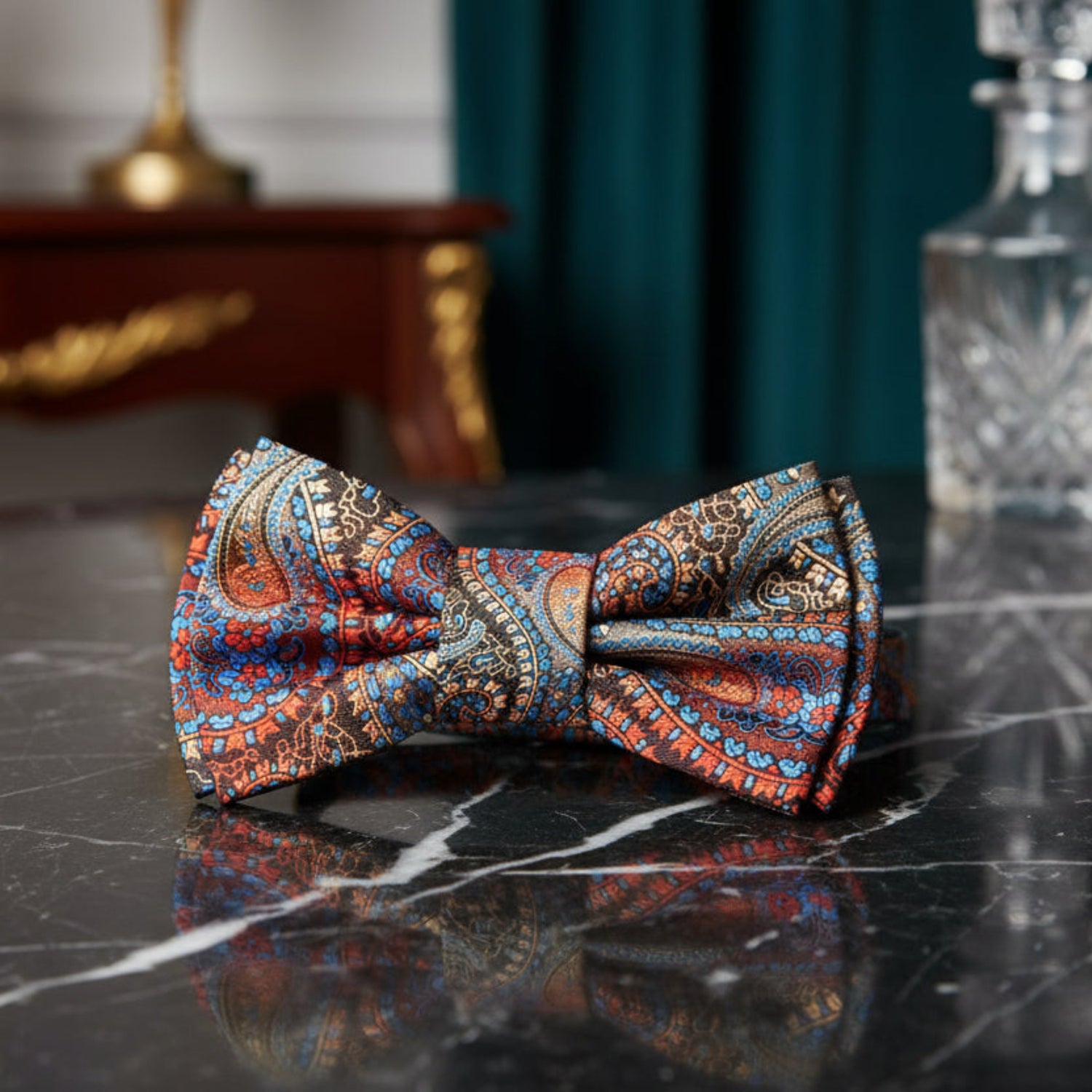 Peach Red Orange and brown Paisley Pre Tied Bow Tie