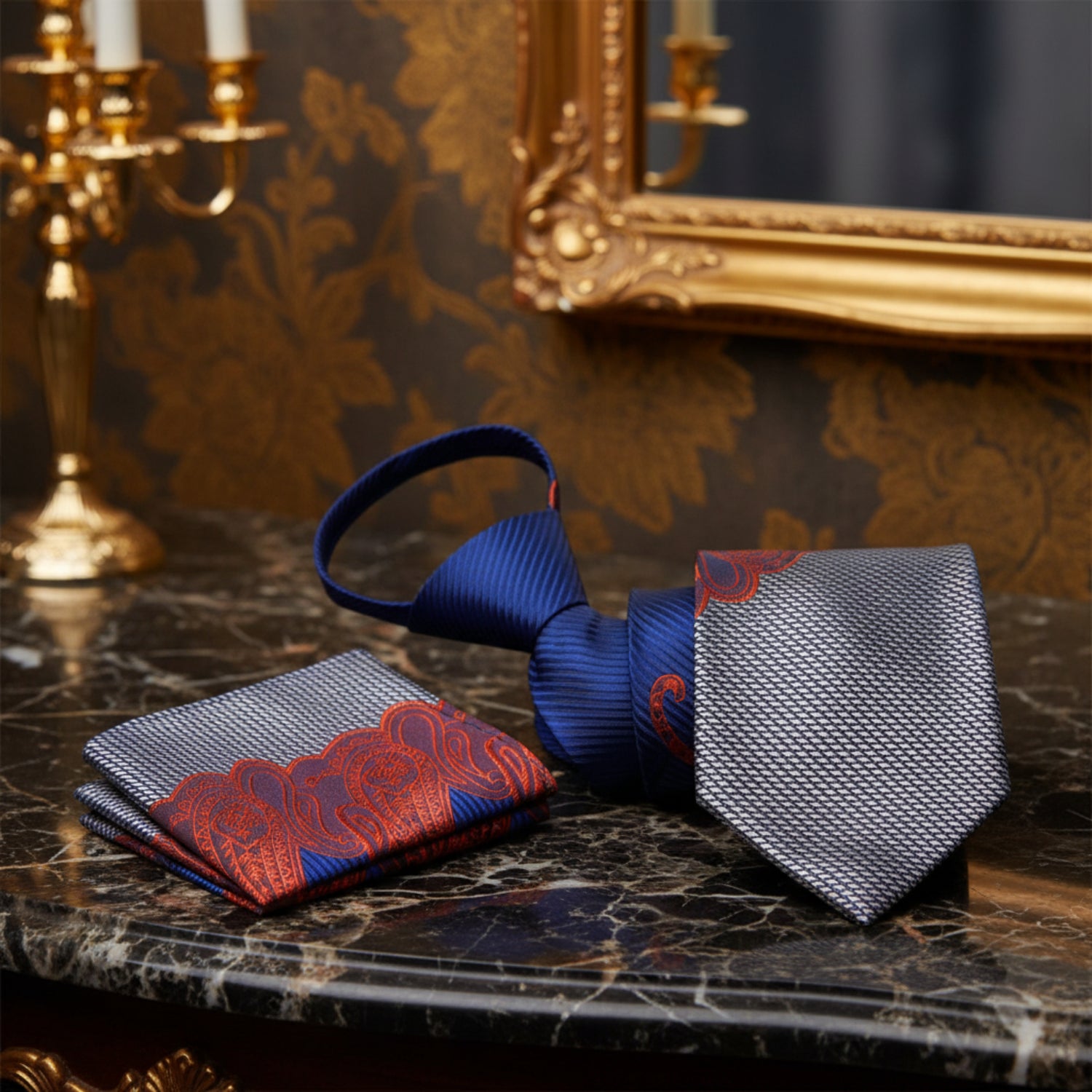 Blue, Orange Paisley Tie and Square Zipper