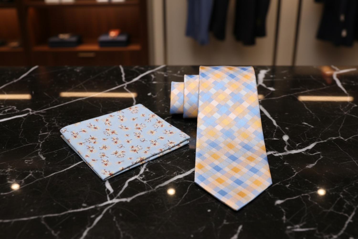 Tie and pocket square set on a marble surface with blurred background