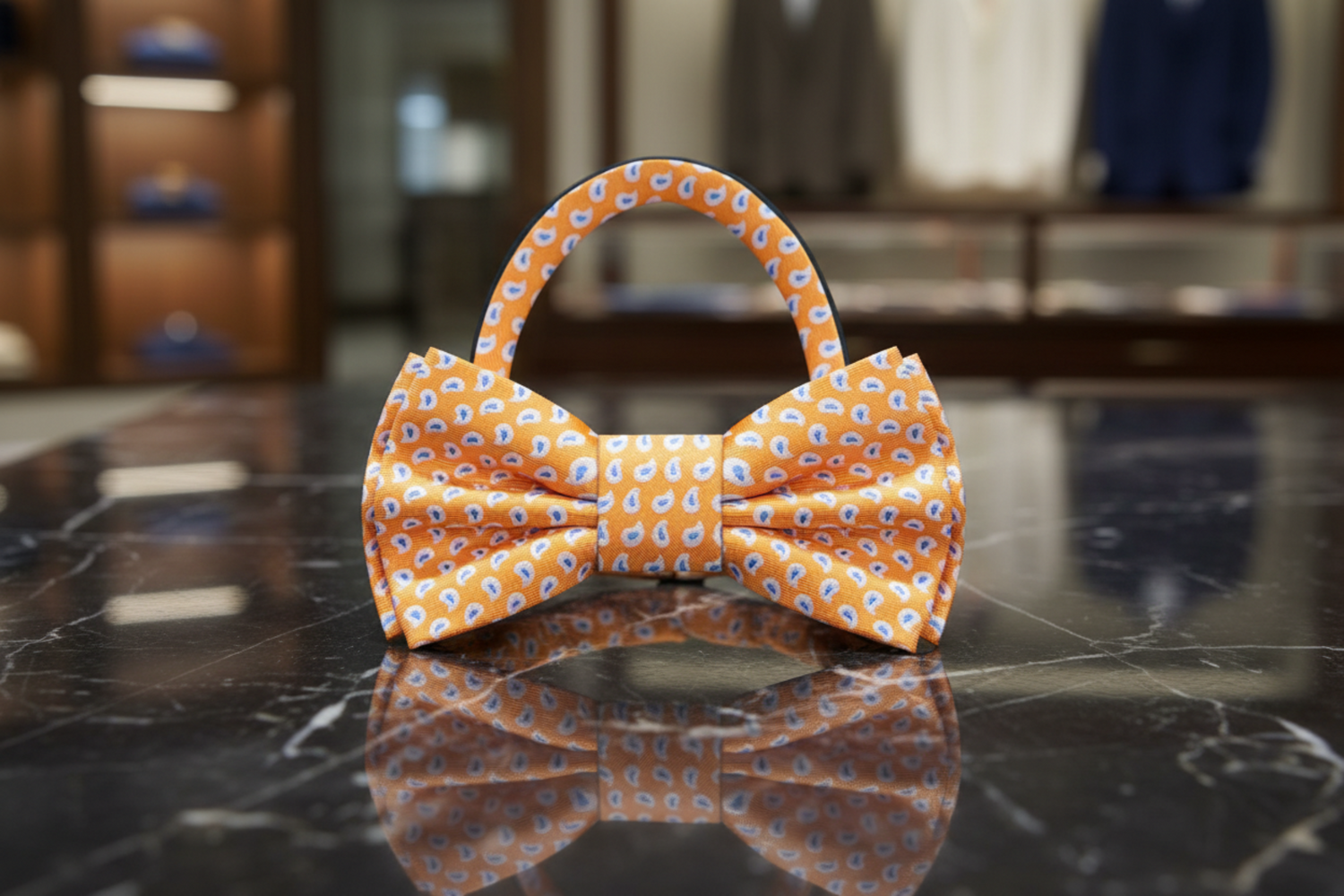 Orange, Light Blue, White Paisley Bow Tie Pre Tied
