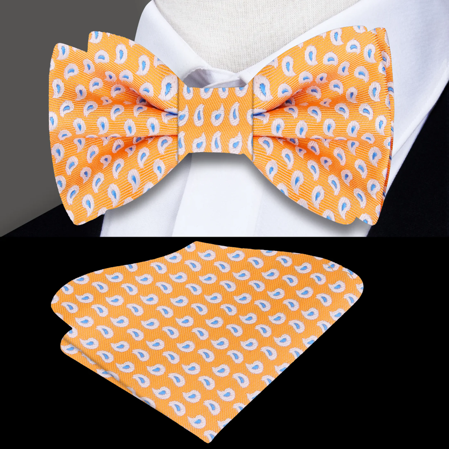 orange and blue white paisley bow tie and square