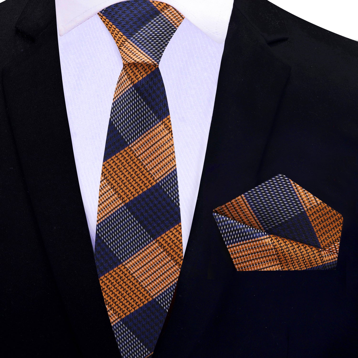 Thin blue and orange plaid necktie and square