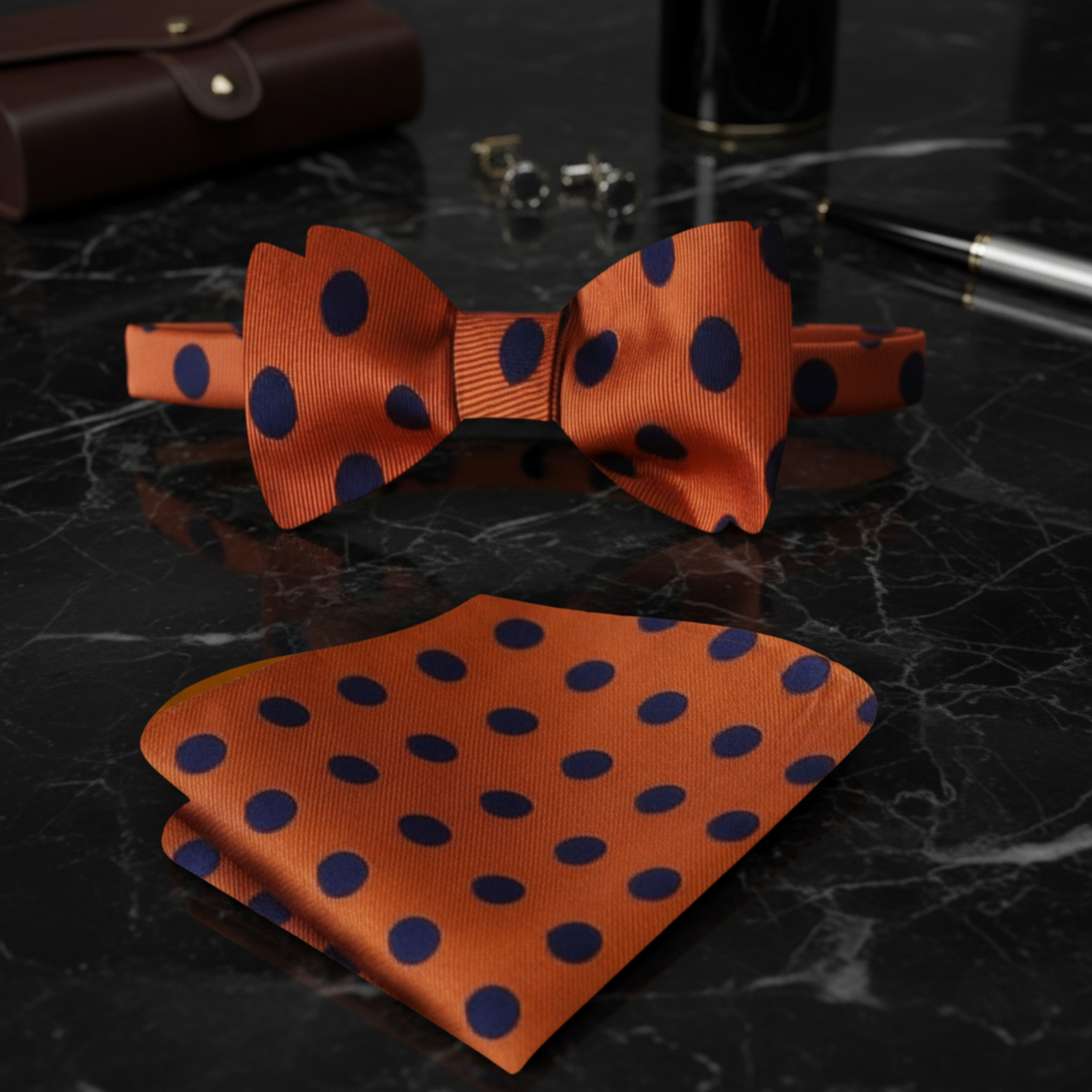 Main: A Orange, Blue Polka Pattern Silk Pre Tied Bow Tie, Matching Pocket Square