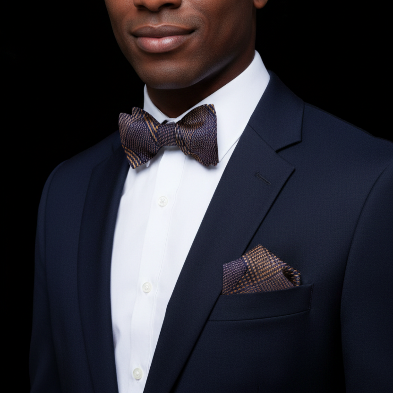 Man wearing a navy suit with a patterned bow tie and pocket square on a black background