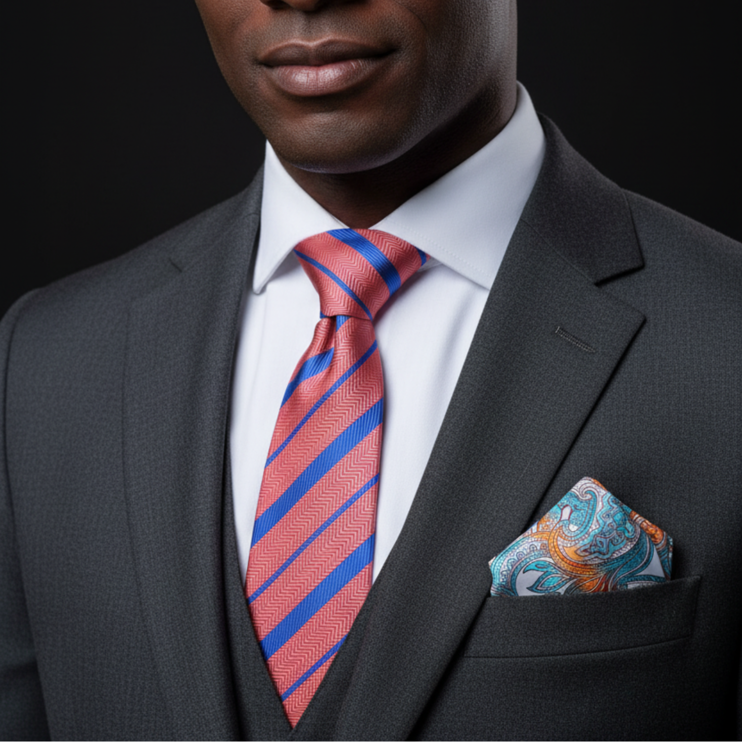 Man wearing a suit with a orange peach and blue striped tie against a black background