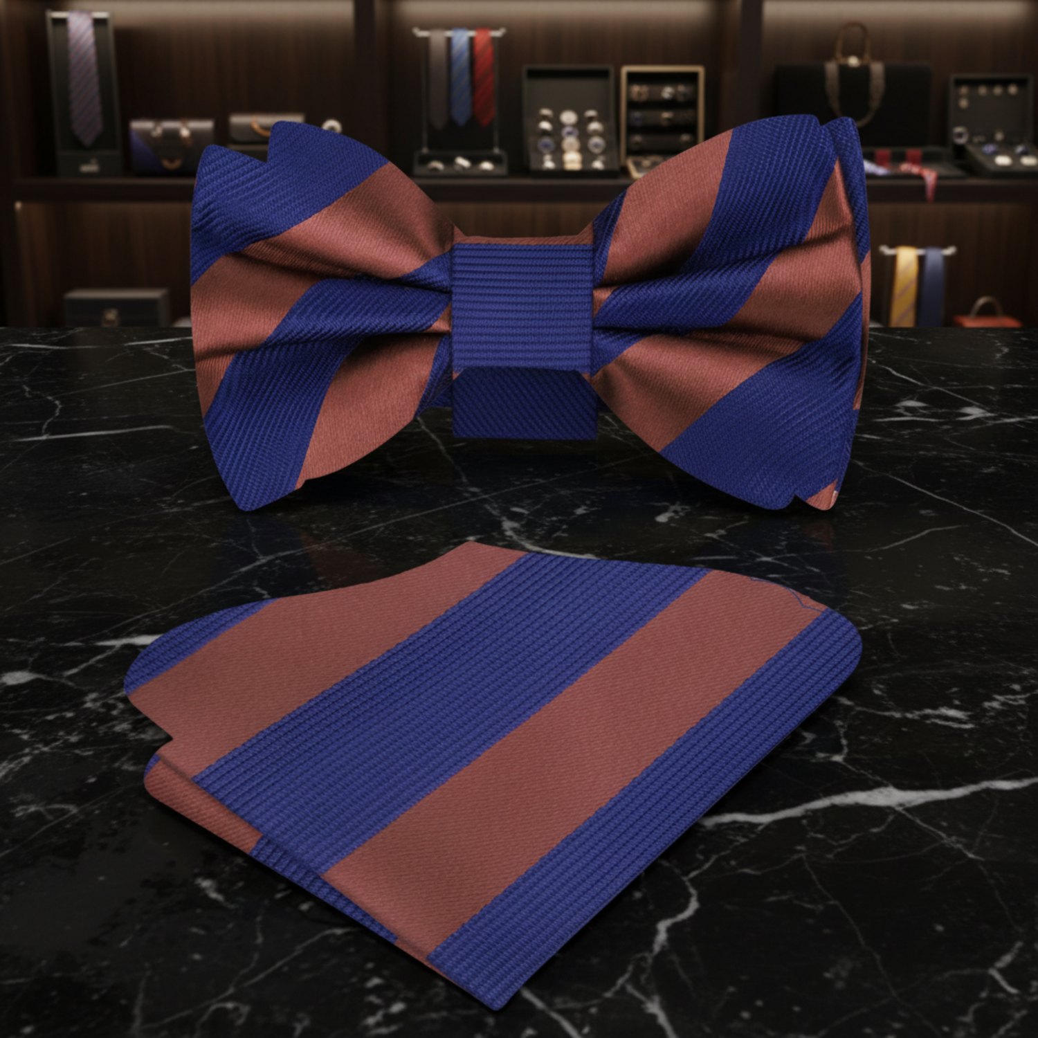 A bow tie with brownish orange and blue block stripes placed on a wooden surface with green leaves in the background.
