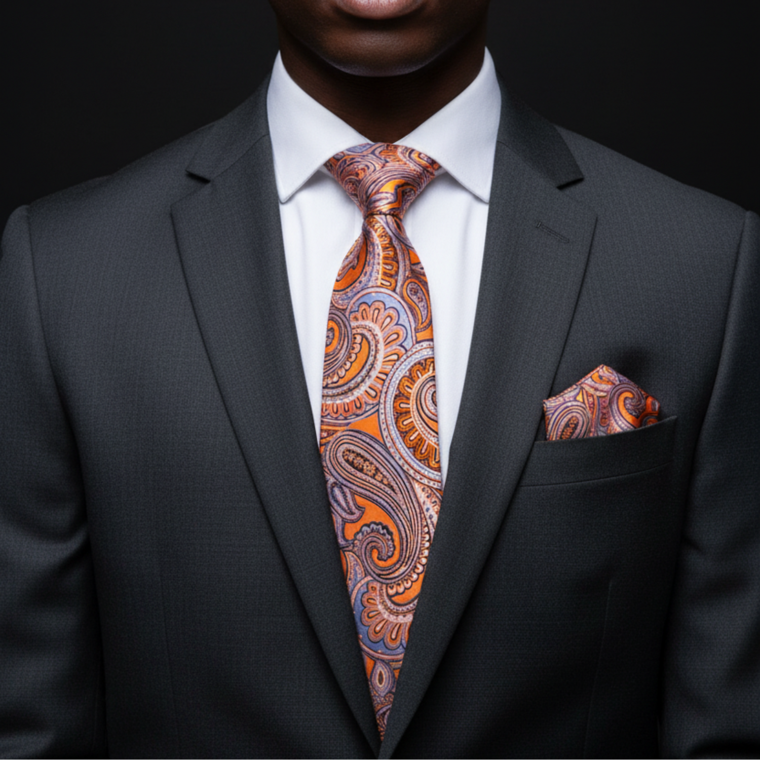 Man wearing a dark gray suit with a patterned orange tie and pocket square on a black background