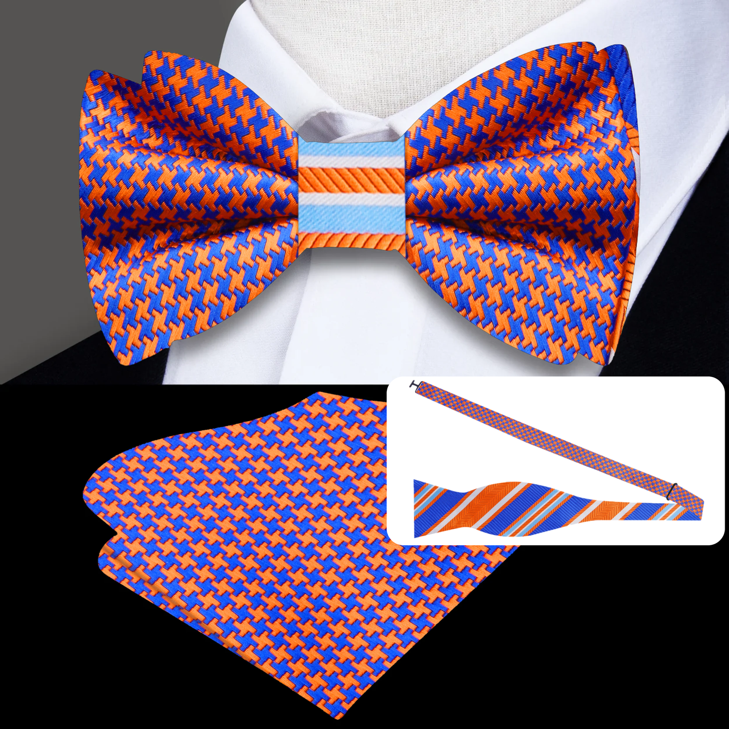 Double Sided Orange and Blue Bow Tie and Square View 2