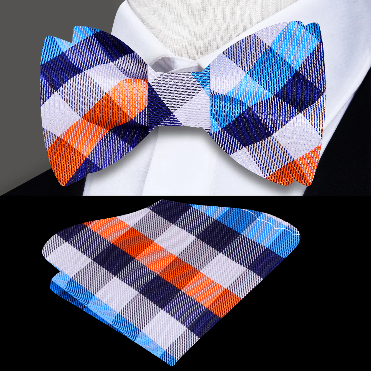 A Orange, White, Blue Geometric Check Pattern Self Tie Bow Tie, Matching Pocket Square