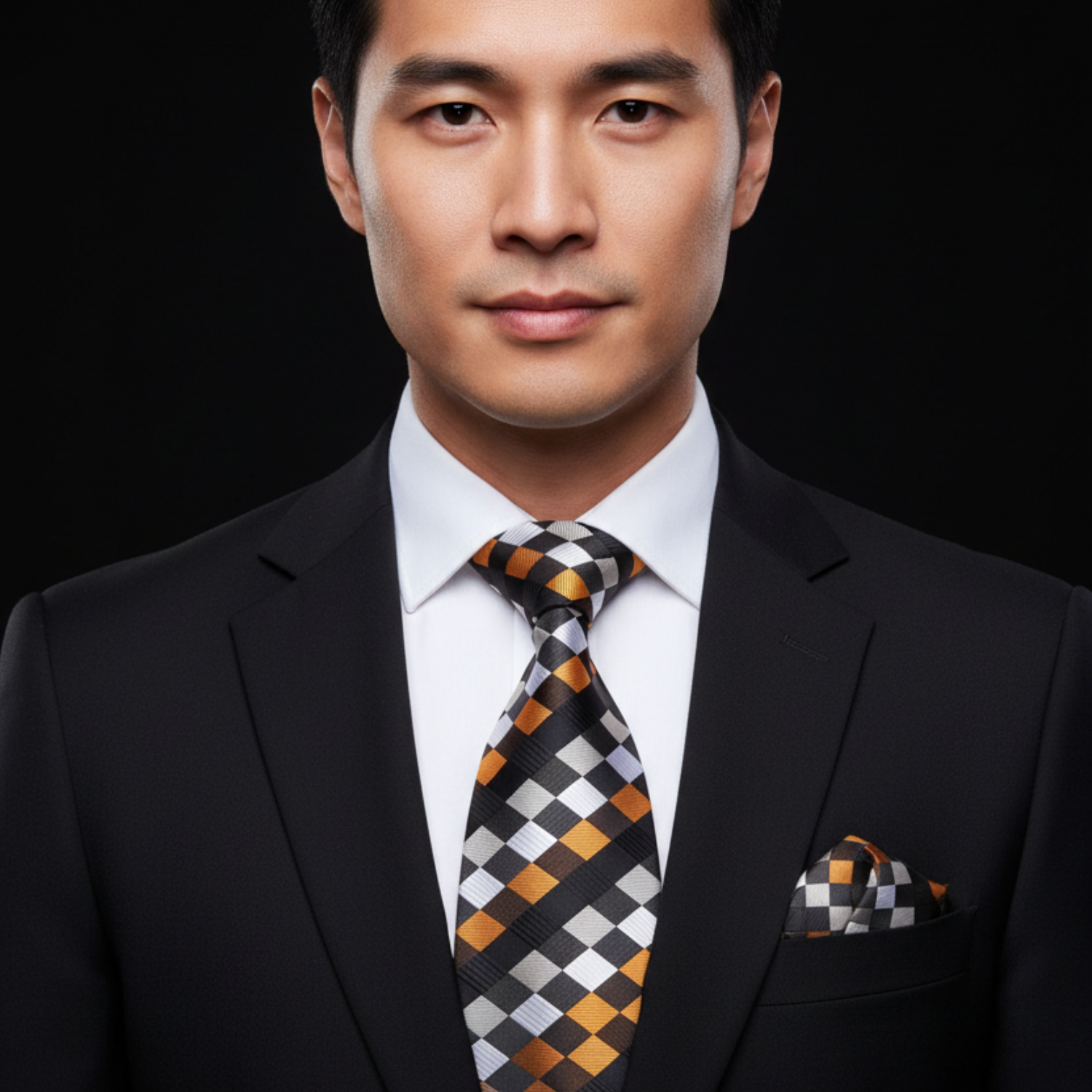 Man wearing a black suit with a patterned tie and pocket square on a black background