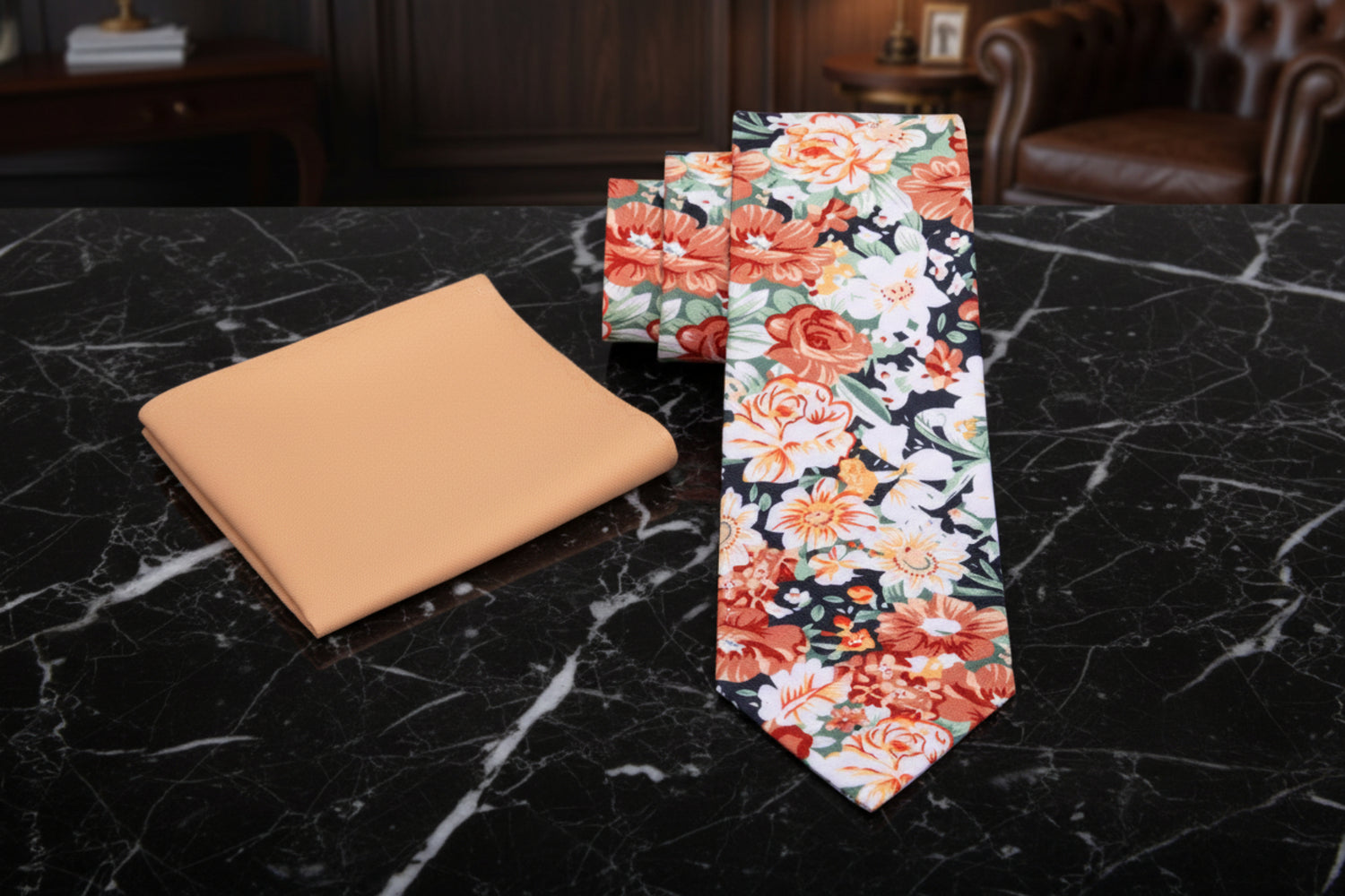 Alt View: Brown, Orange, White, Green Sketched Flowers Tie and Light Orange Square