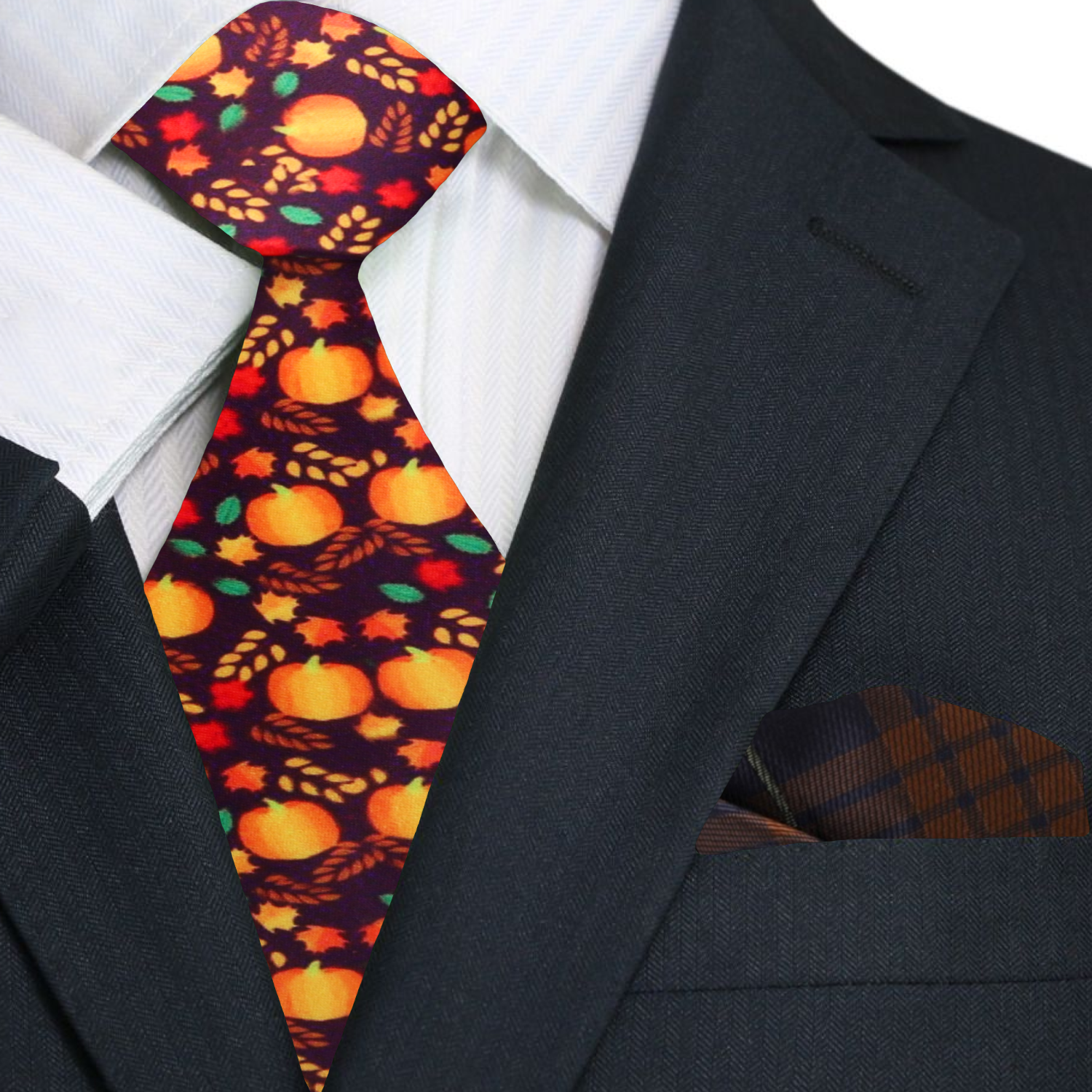 Colorful tie with autumn pattern worn with a suit