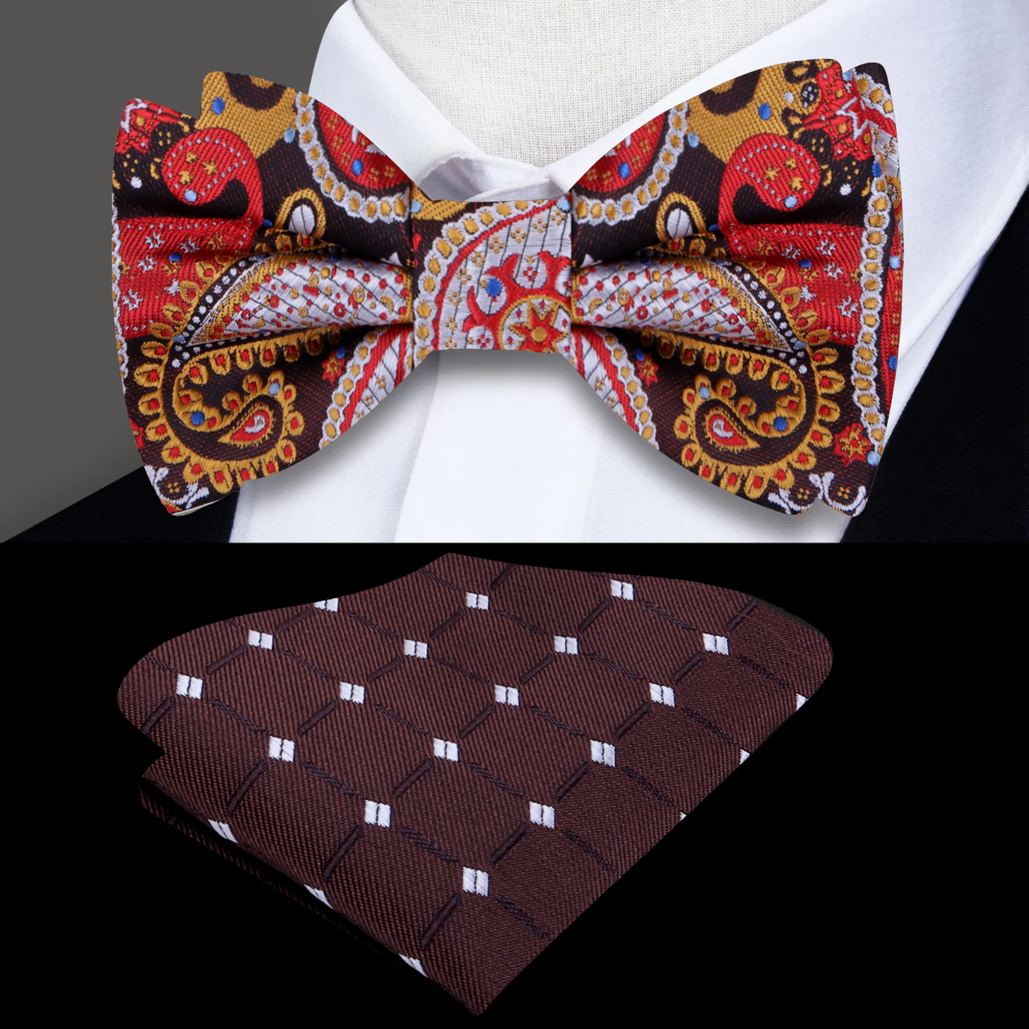 Main View: Brown, Orange Paisley Bow Tie and Accenting Brown Diamonds Pocket Square