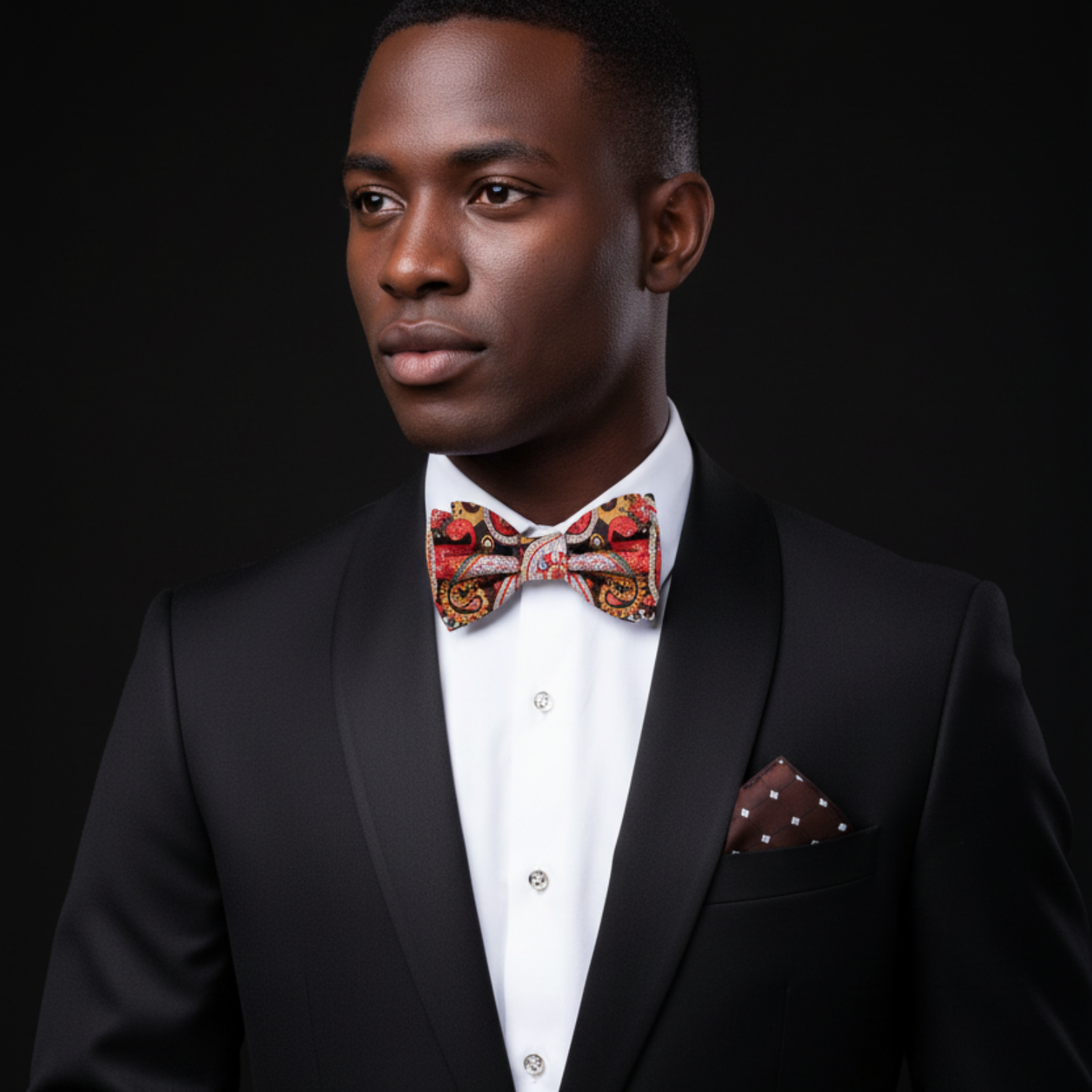 Man wearing a black suit with a colorful bow tie and pocket square on a dark background