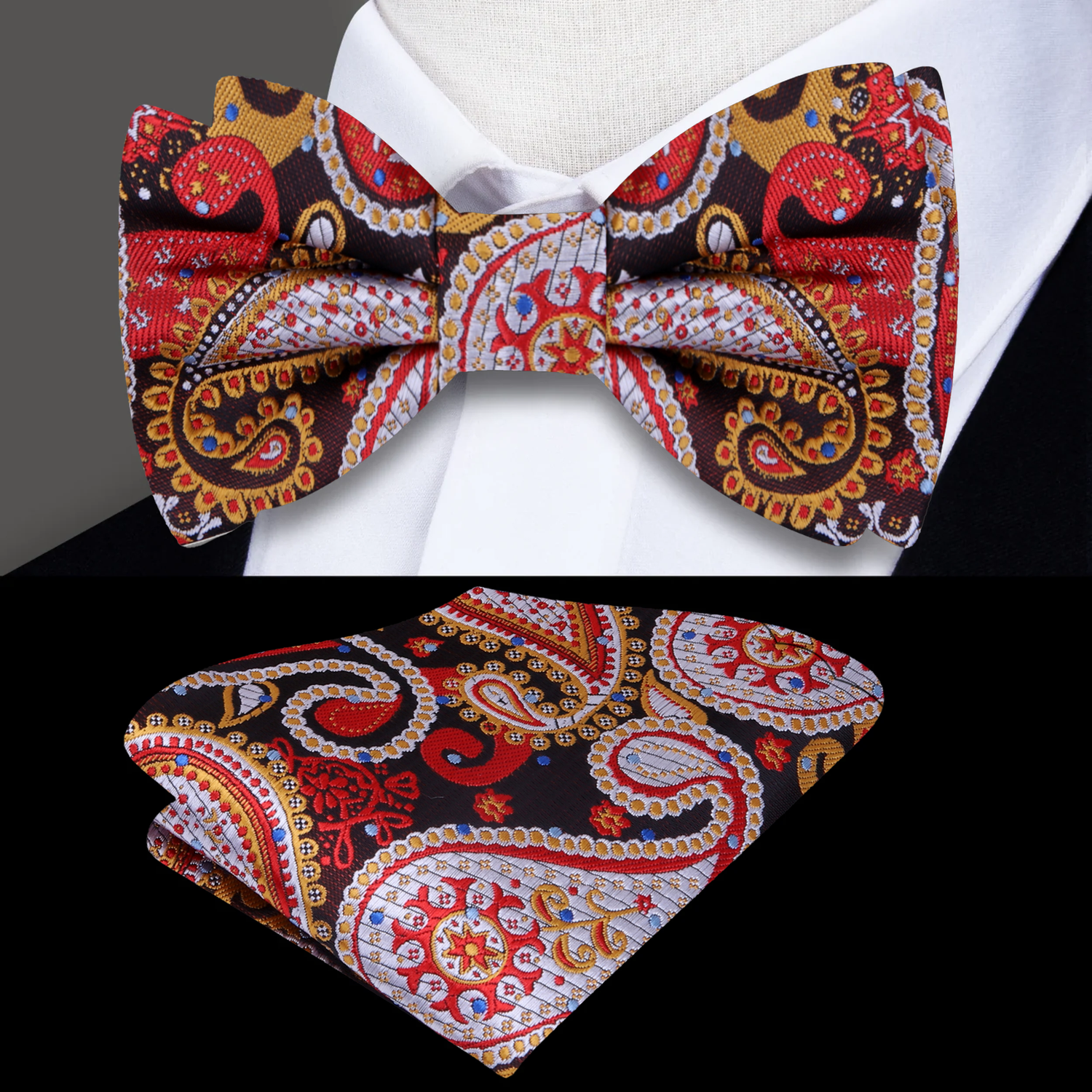 Brown, Orange Paisley Bow Tie and Matching Square