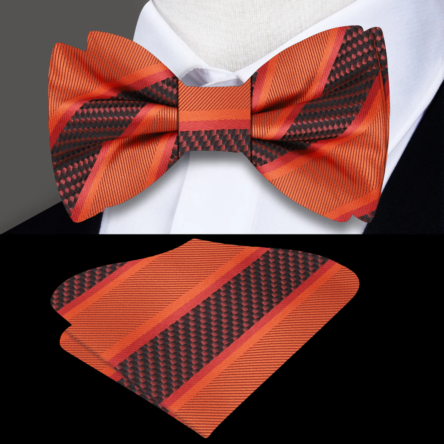Orange Block Stripe Bow Tie and Square