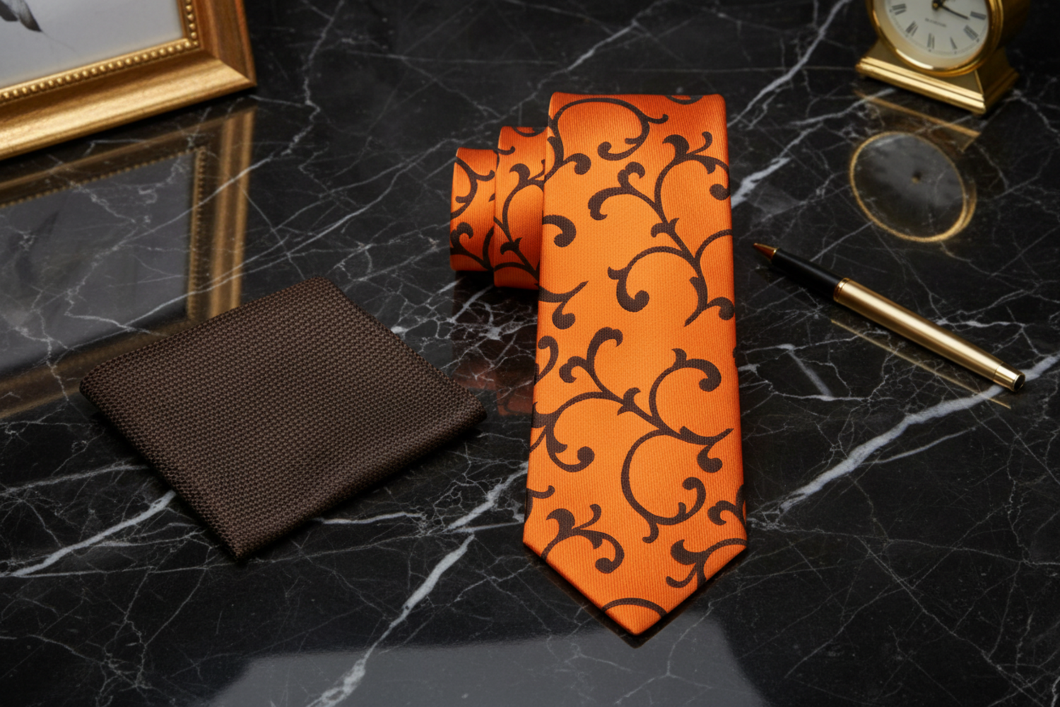 orange and brown vines tie and accenting brown square