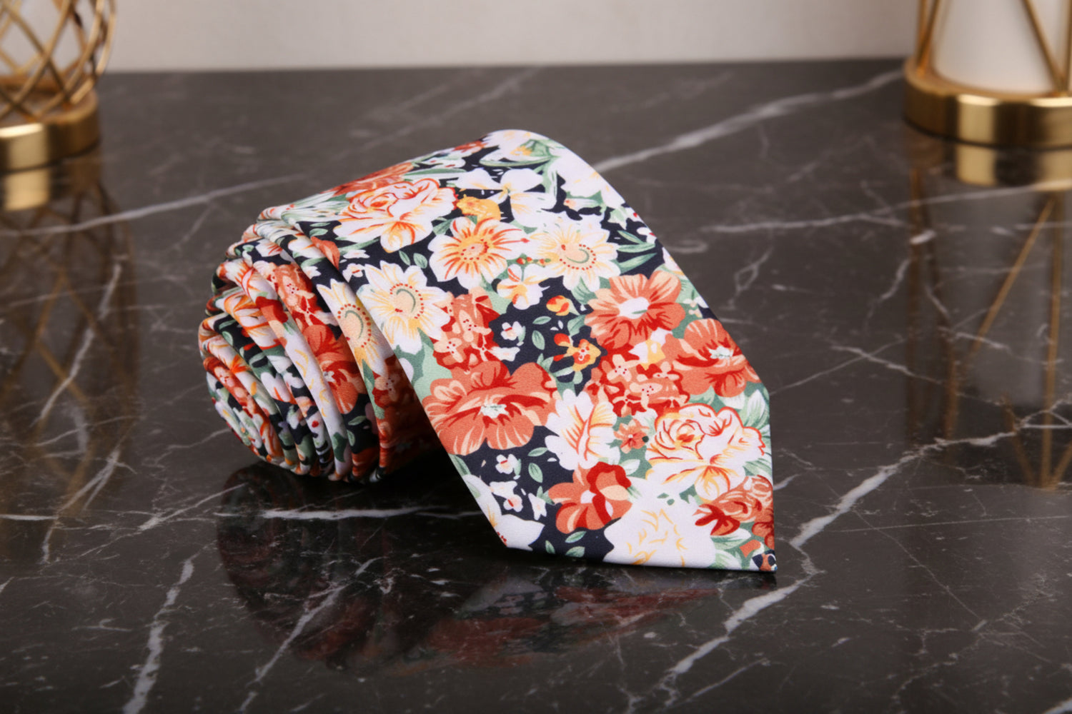 Brown, Orange, White, Green Sketched Flowers Tie 