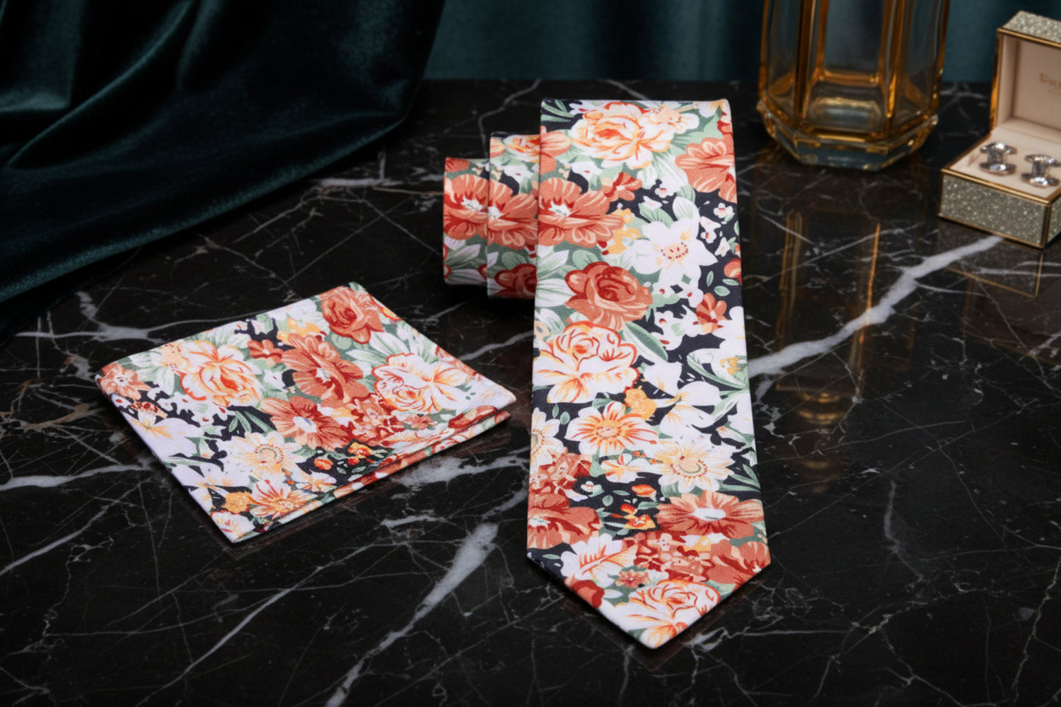 Alt View: Brown, Orange, White, Green Sketched Flowers Tie and Matching Square