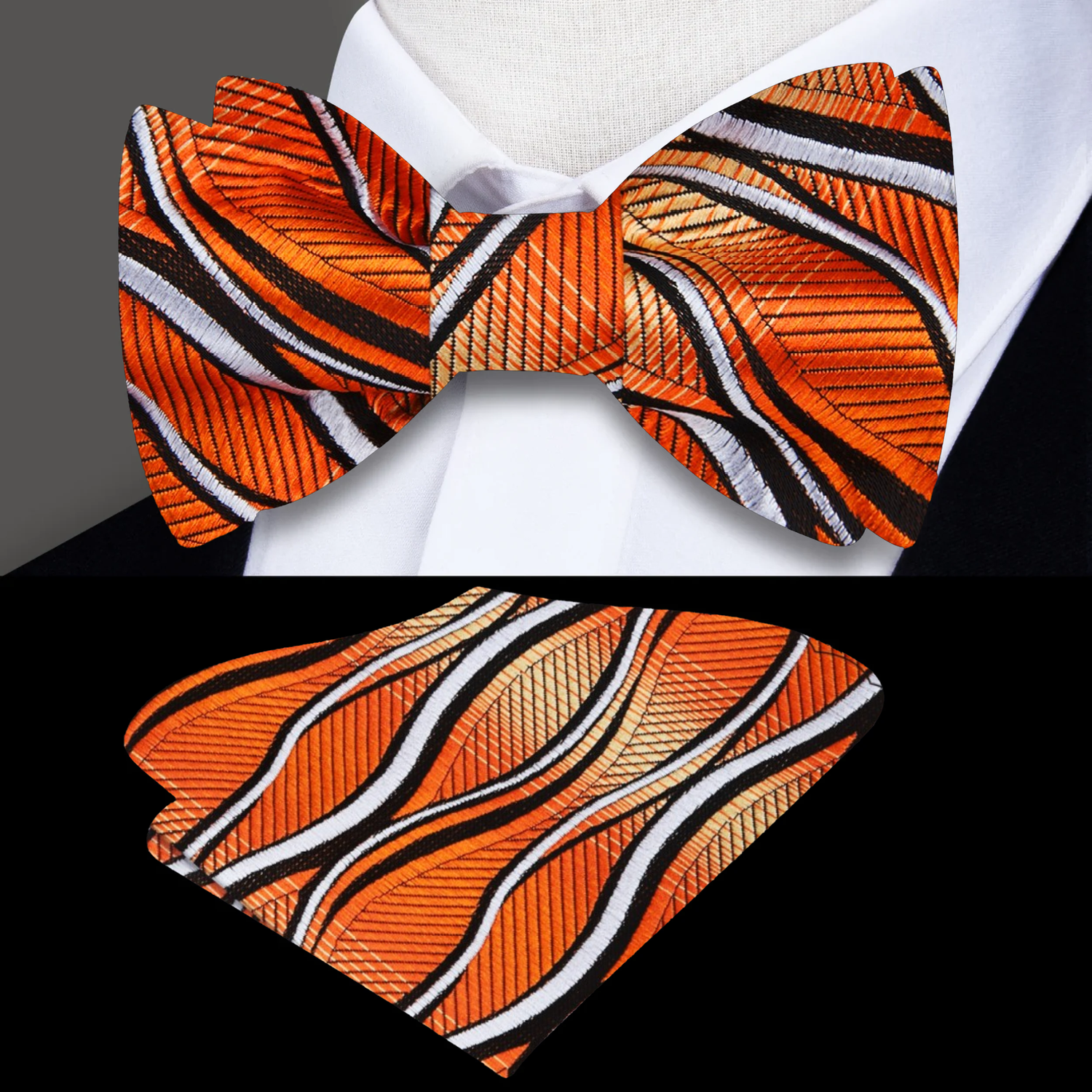 A Black, Orange Yellow Abstract Lines Pattern Self-Tie Bow Tie, Matching Pocket Square